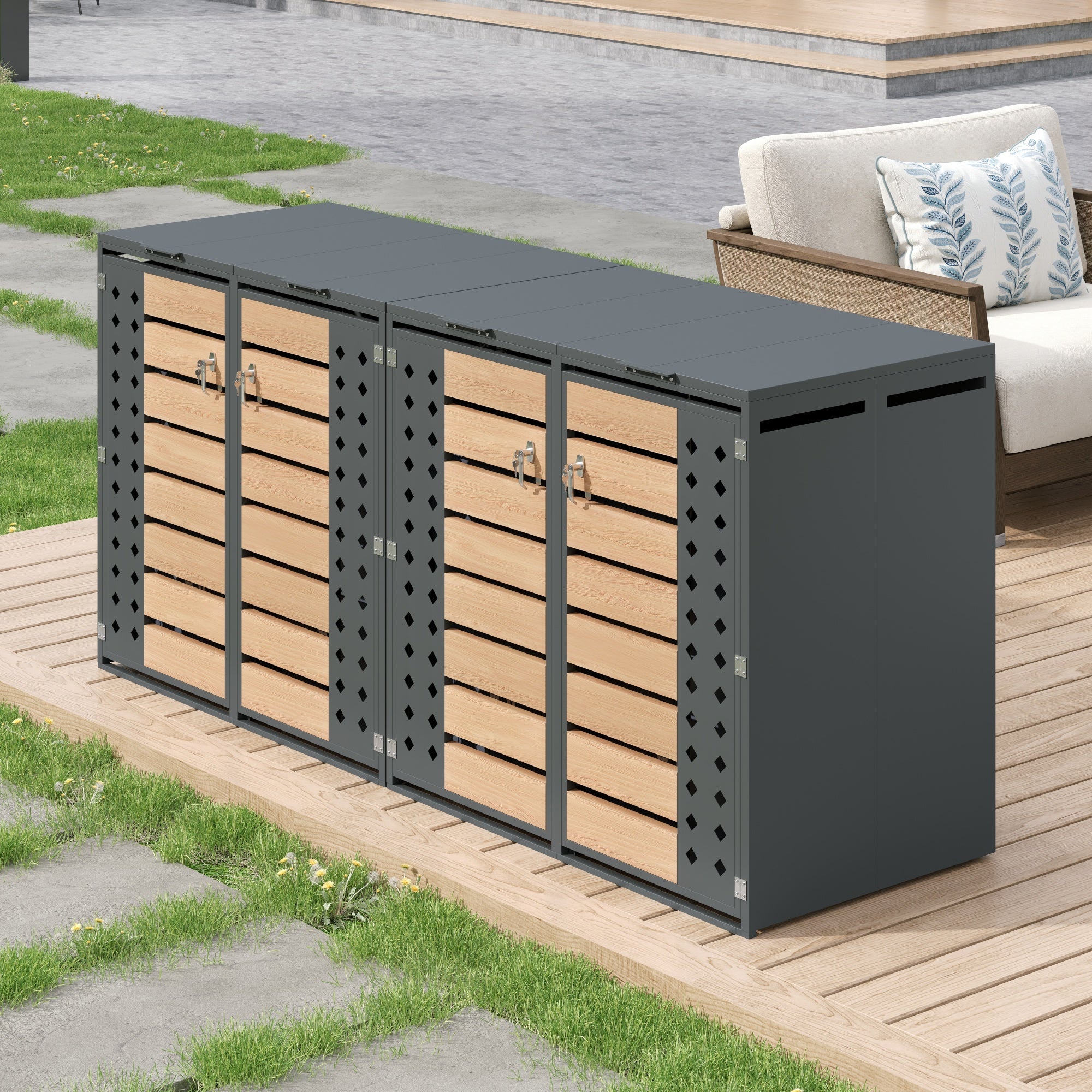 Garbage Can Storage Box with Hinged Lid, Lockable Four Doors, and Diamond-Shaped Hollow Panels, Metal