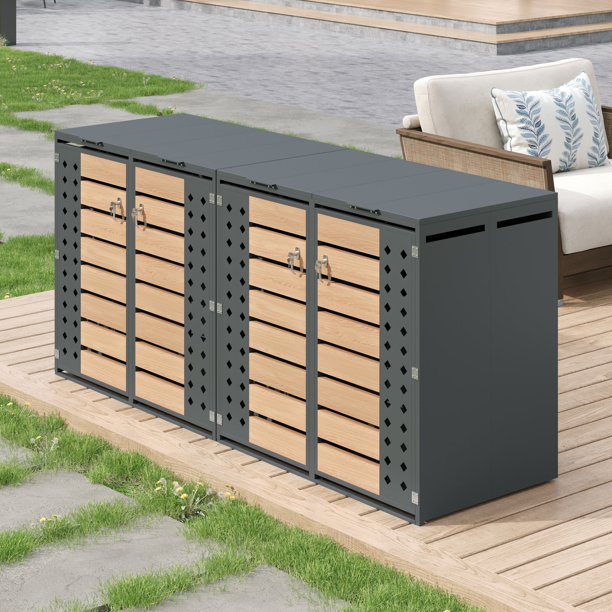 Garbage Can Storage Box with Hinged Lid, Lockable Four Doors, and Diamond-Shaped Hollow Panels, Metal