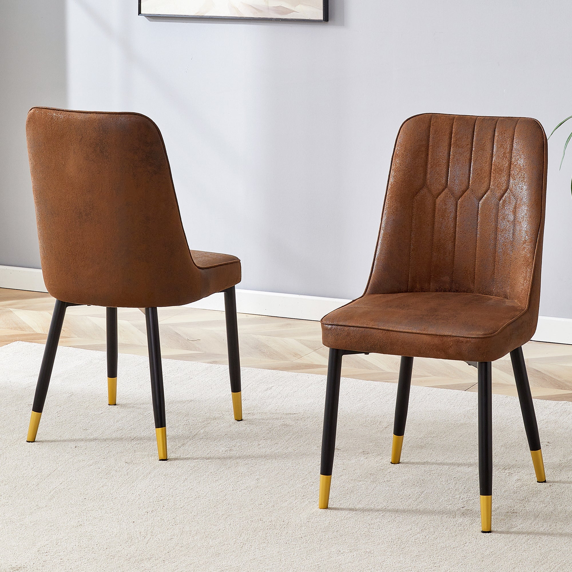 Set of 2 Dining Chairs Modern Tech Fabric Black Metal Legs - Brown