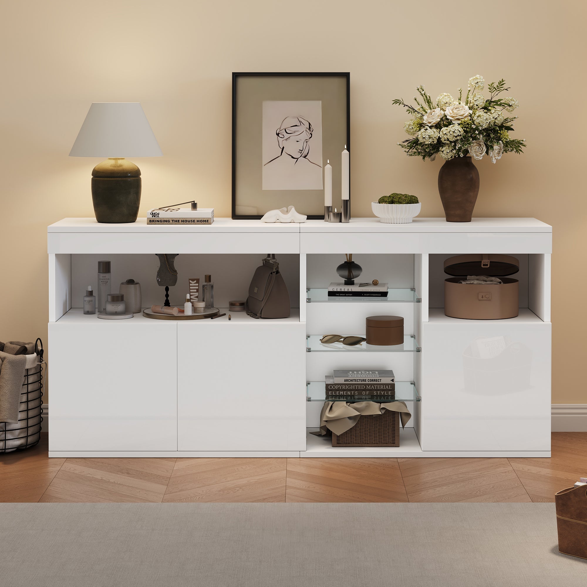 High-Gloss Cabinet 155.5cm LED 3 Doors Glass Partitions - White
