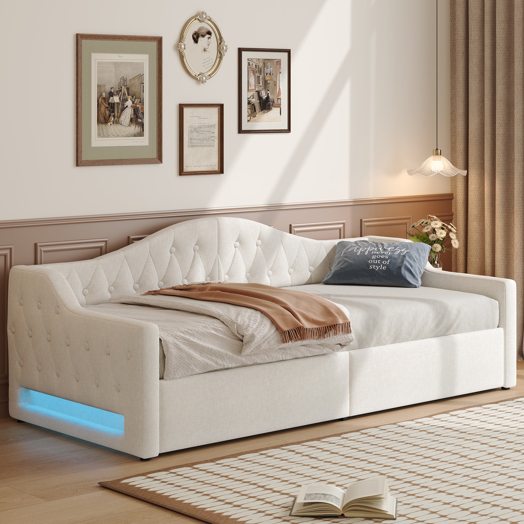 Upholstered Daybed, 90x200 LED Storage, Beige