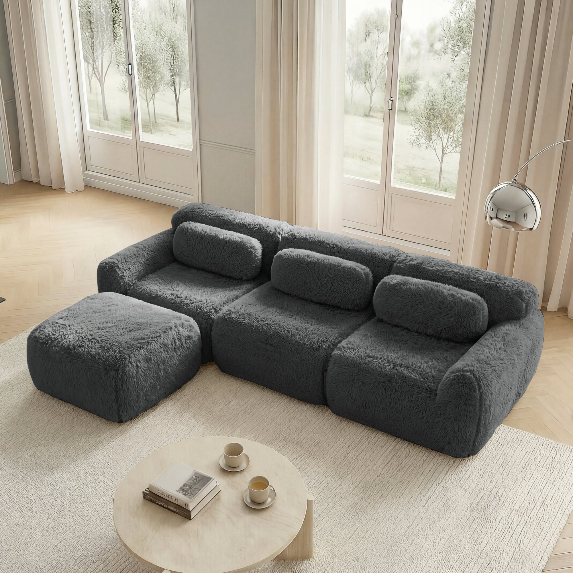 L-shaped Modular Sofa Frameless Deep No Assembly - Plush Fabric Grey