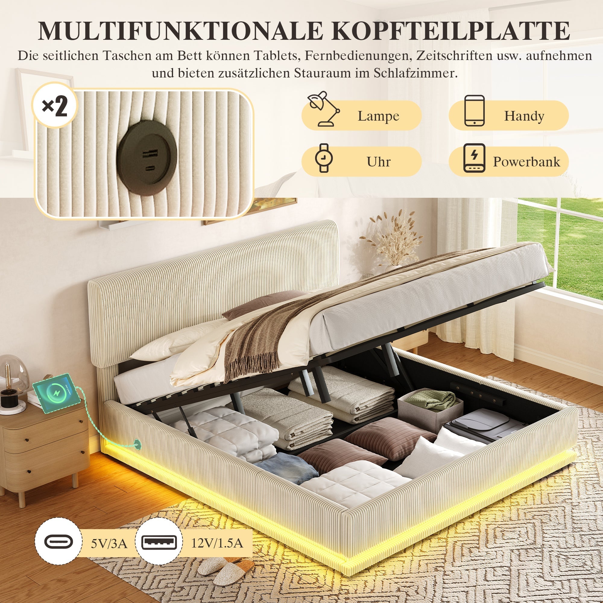 Modern Upholstered Bed with LED Lighting, USB-C and Storage, 180x200 Beige Corduroy
