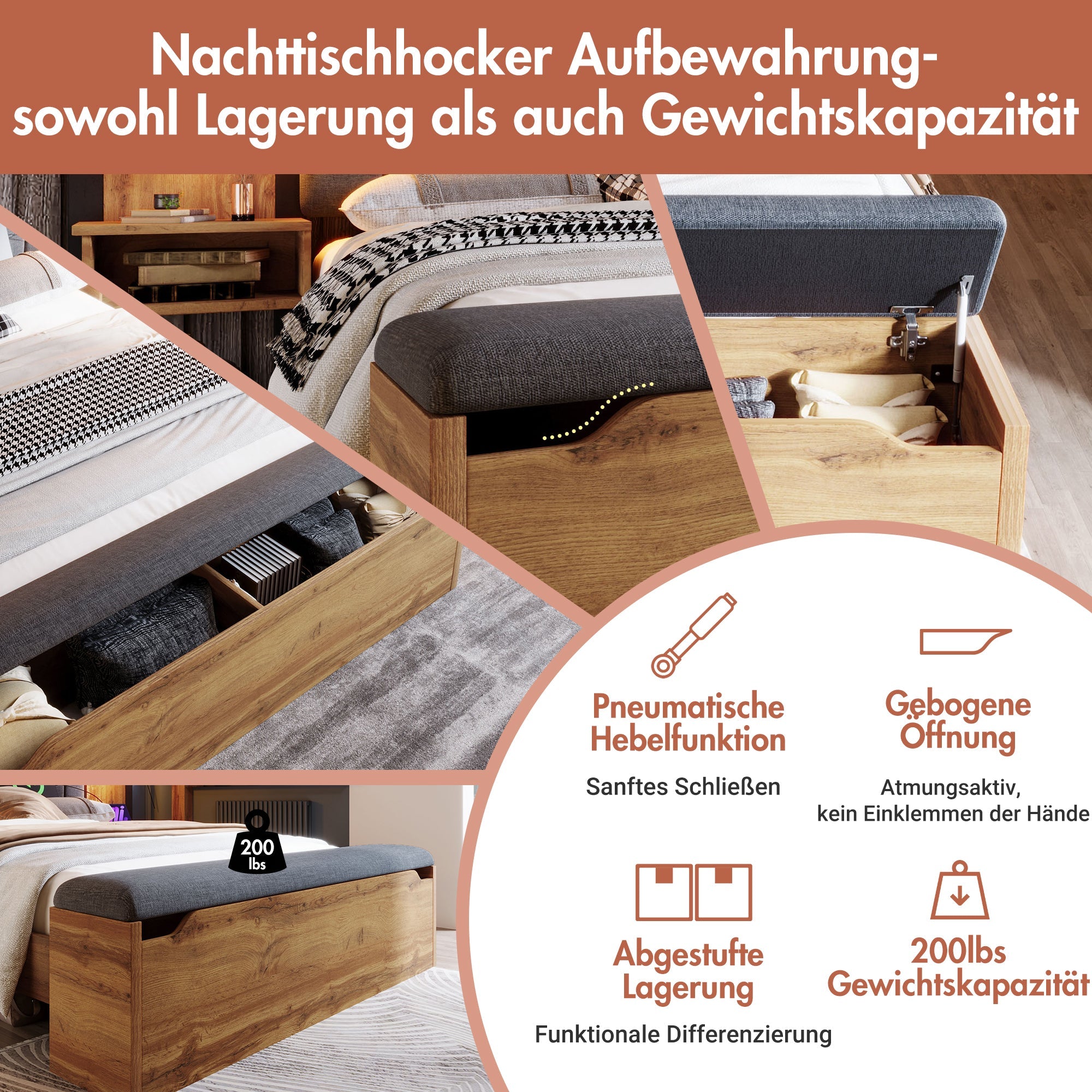 Double Bed Upholstered with Reading Lamp, USB-C, Storage Bench, 180x200cm, Oak Wood and Linen