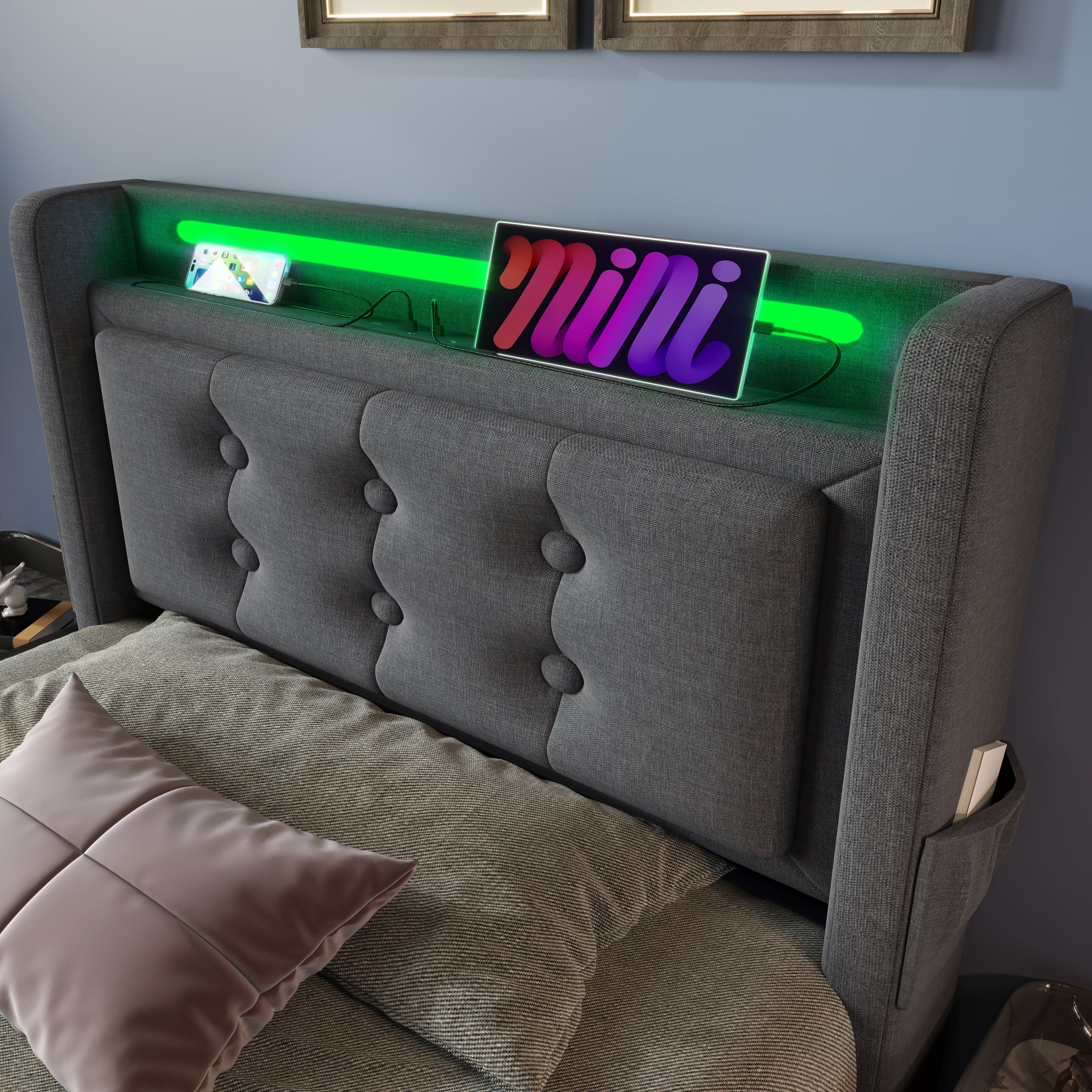 Upholstered Bed, 90x200 Single with LED Headboard, USB-C, Hydraulic Frame, Gray Cotton