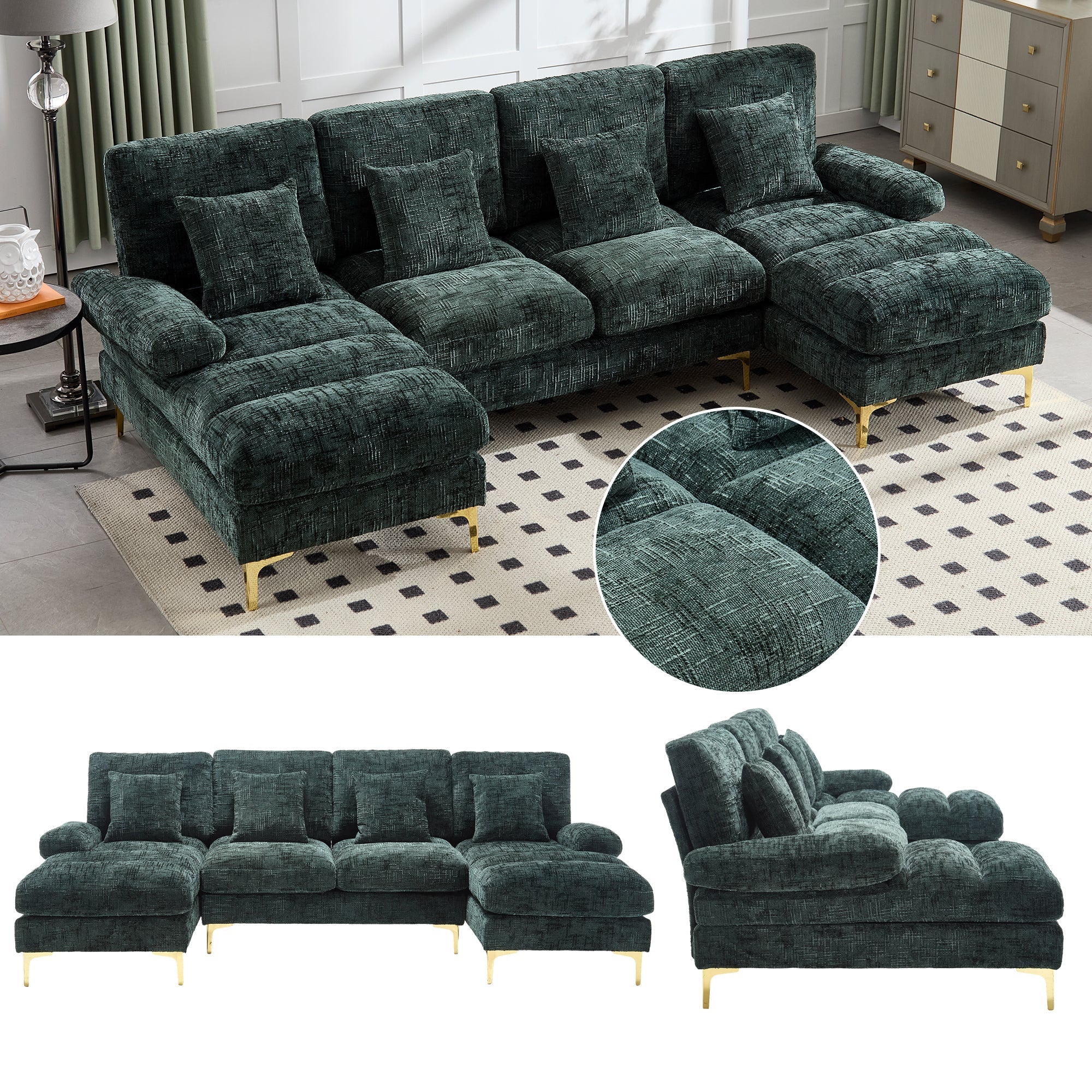 Chenille U-Shape Sectional Sofa, Large with Double Reclining Seats, Emerald