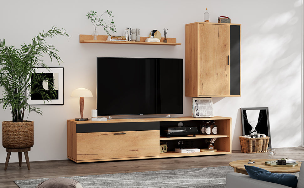 TV Wall Unit Set, 3-Piece Media & Storage, Wood + Black