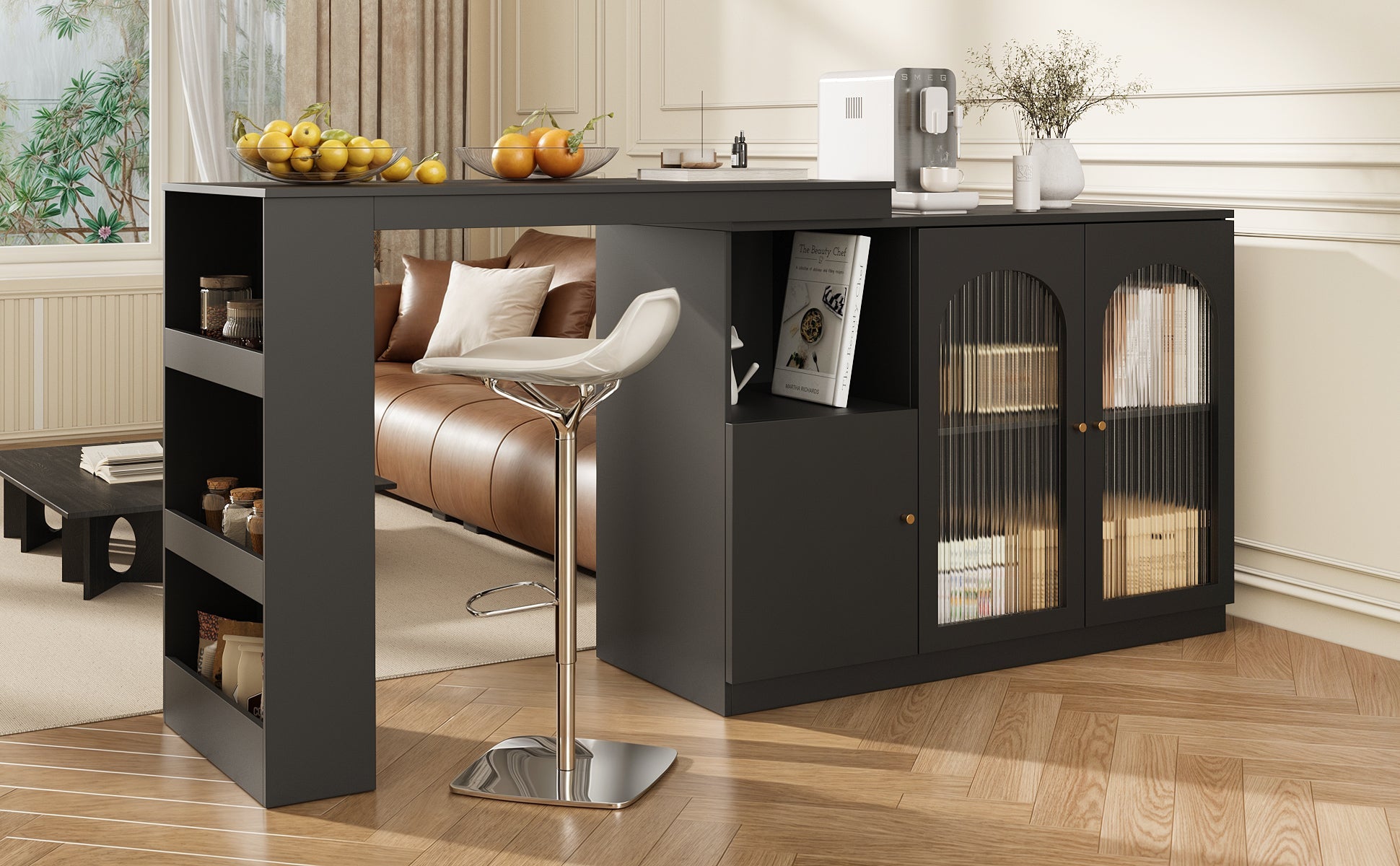 360° Rotating Bar Table, Multifunctional Dining & Bar Cabinet, Glass Door Storage, Black