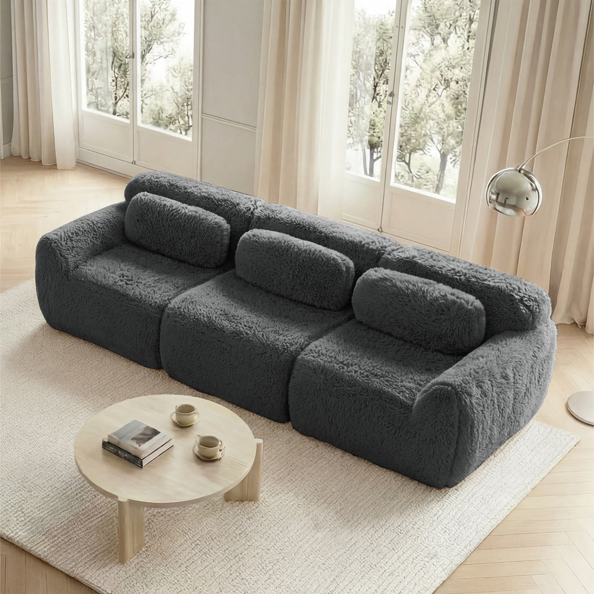 3-Seater Deep Sofa Modular Premium Plush Fabric - Grey