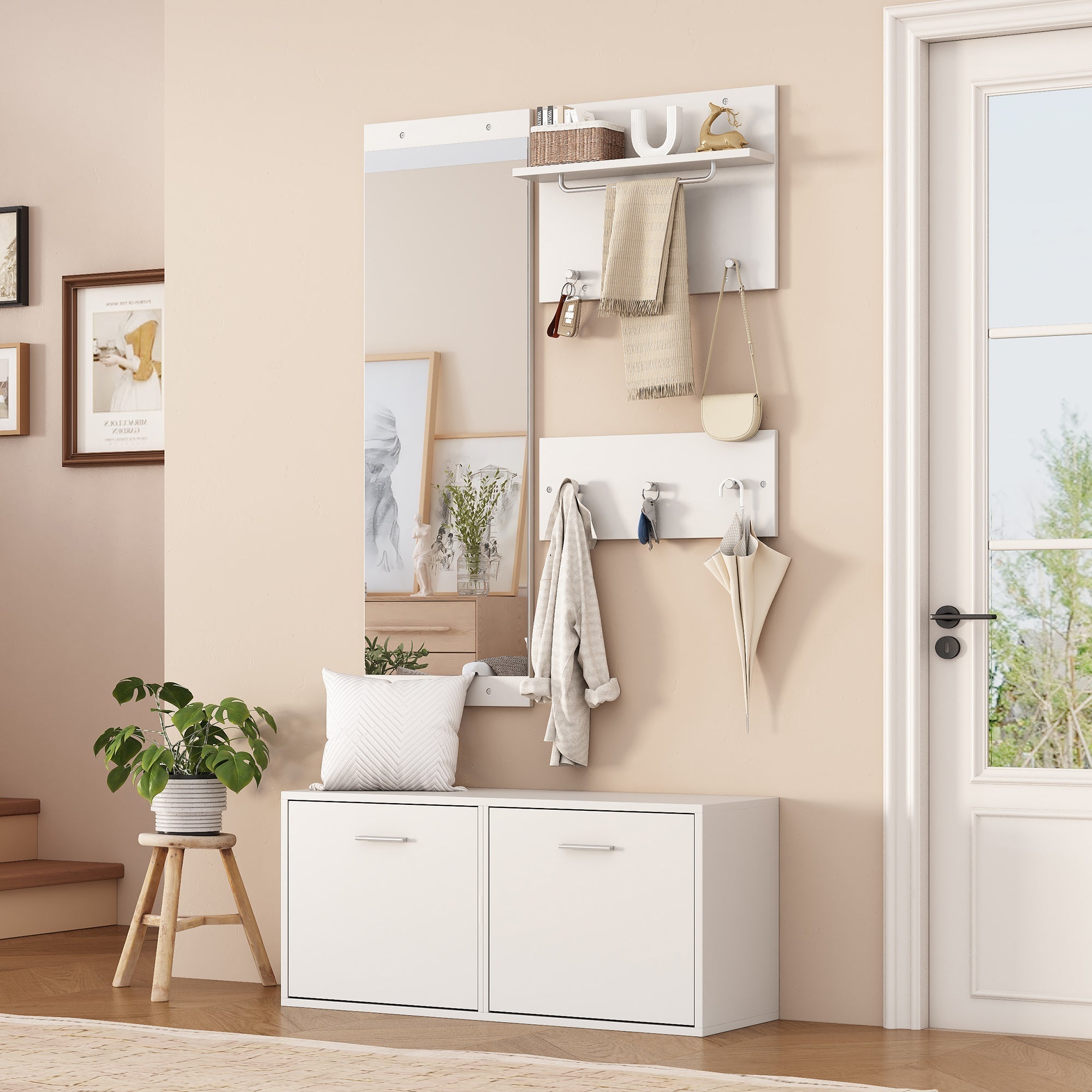 4-Piece Wardrobe Set, 90x30x41.5cm Mirror Hat Shelf Shoe Cabinet 6 Hooks, White
