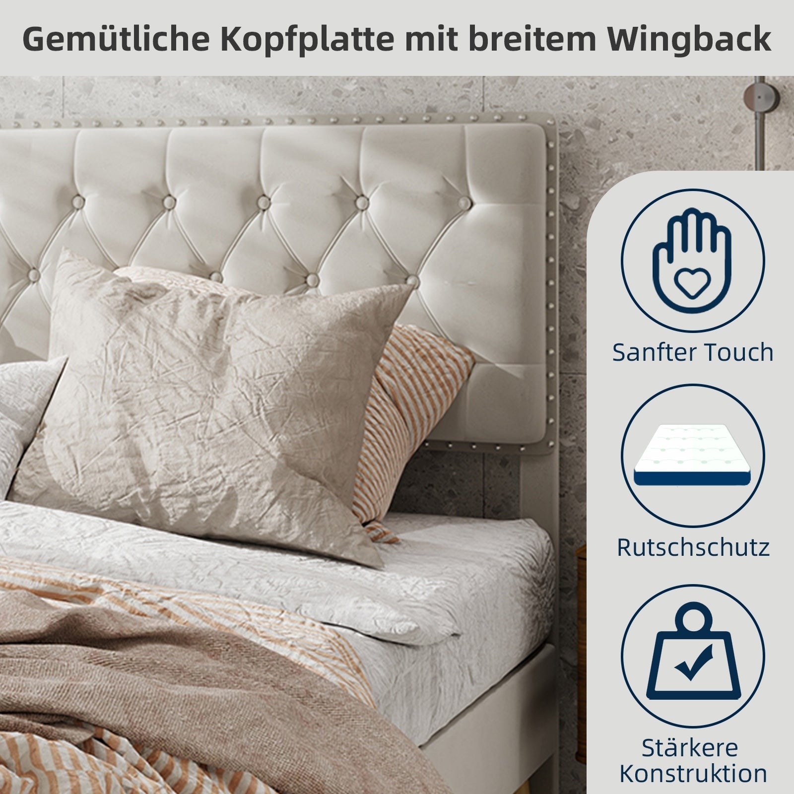 Modern Minimalist Soft Bed, Comfortable Headboard, Low Box Frame, 140x200CM, Beige