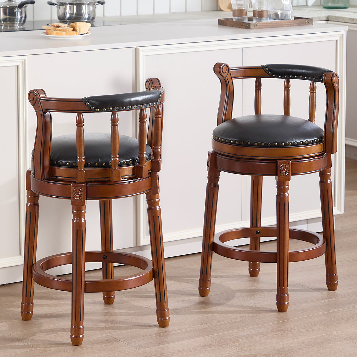 Cow Top Leather Bar Stools 360° Swivel with Backs Bar/Counter Height - Wooden/Leather