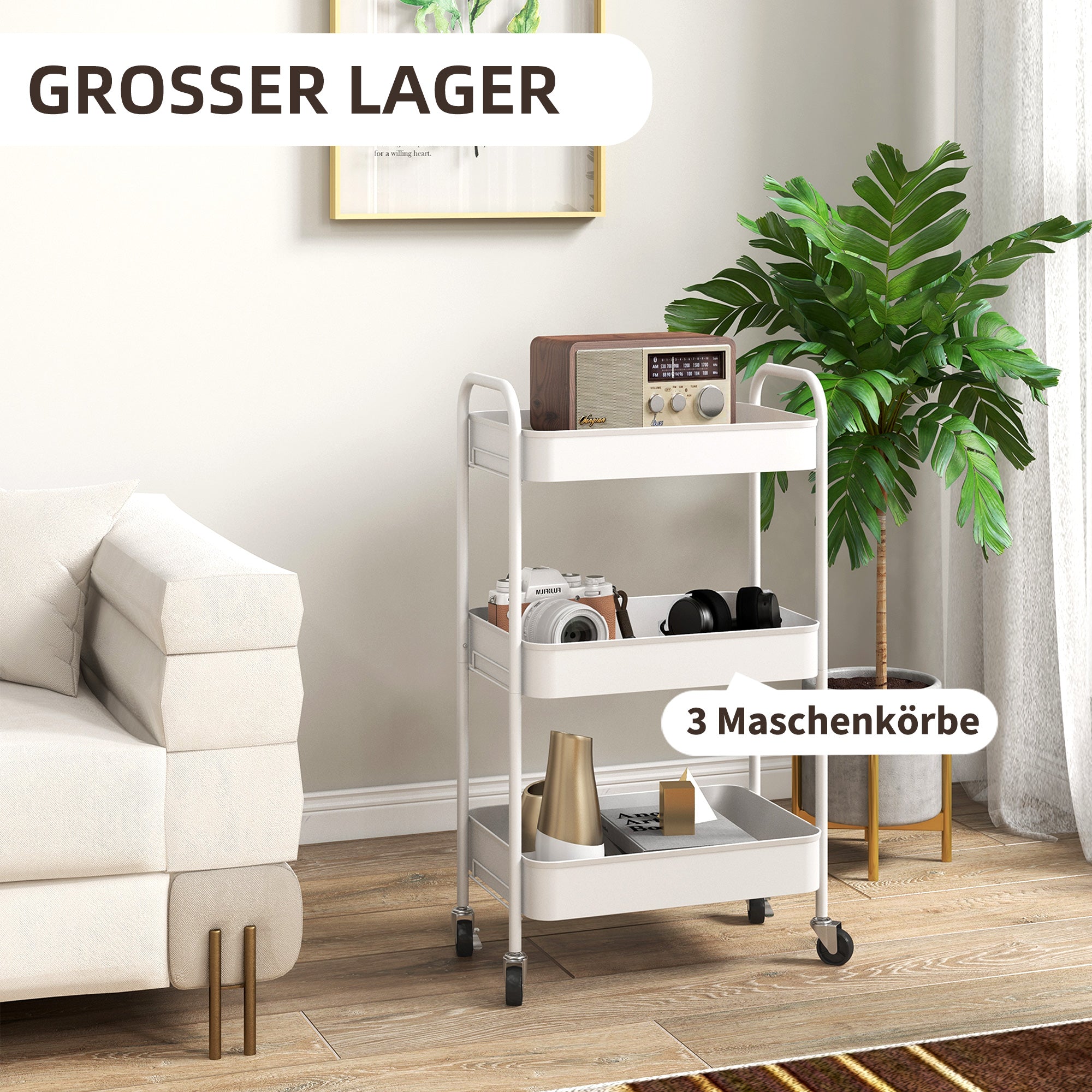 Serving Trolley 3-Shelf Storage Kitchen/Living Room, White Steel