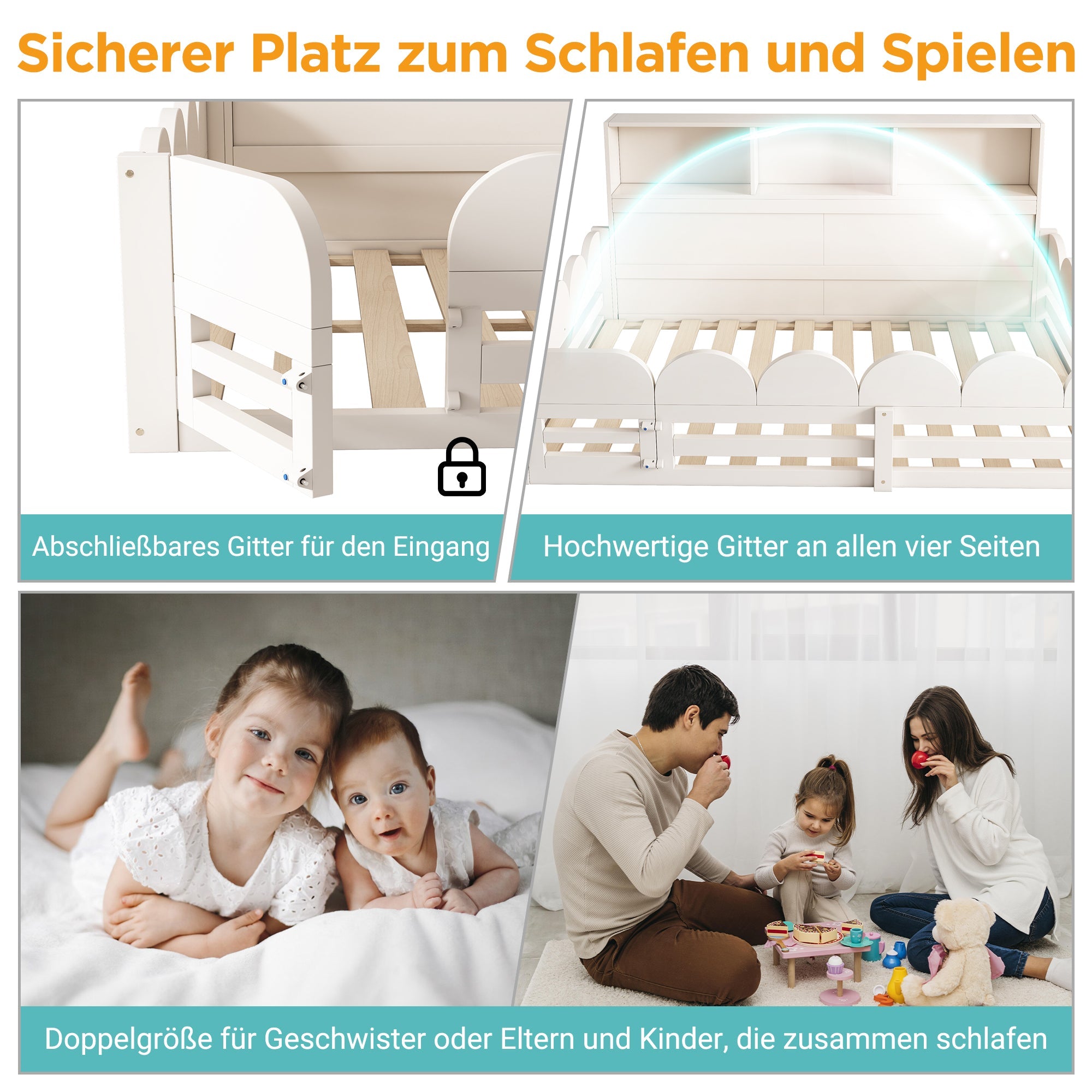 Children's Floor Bed with Fall Protection, Door, Slatted Base and Shelf, 140x200cm, White Wood