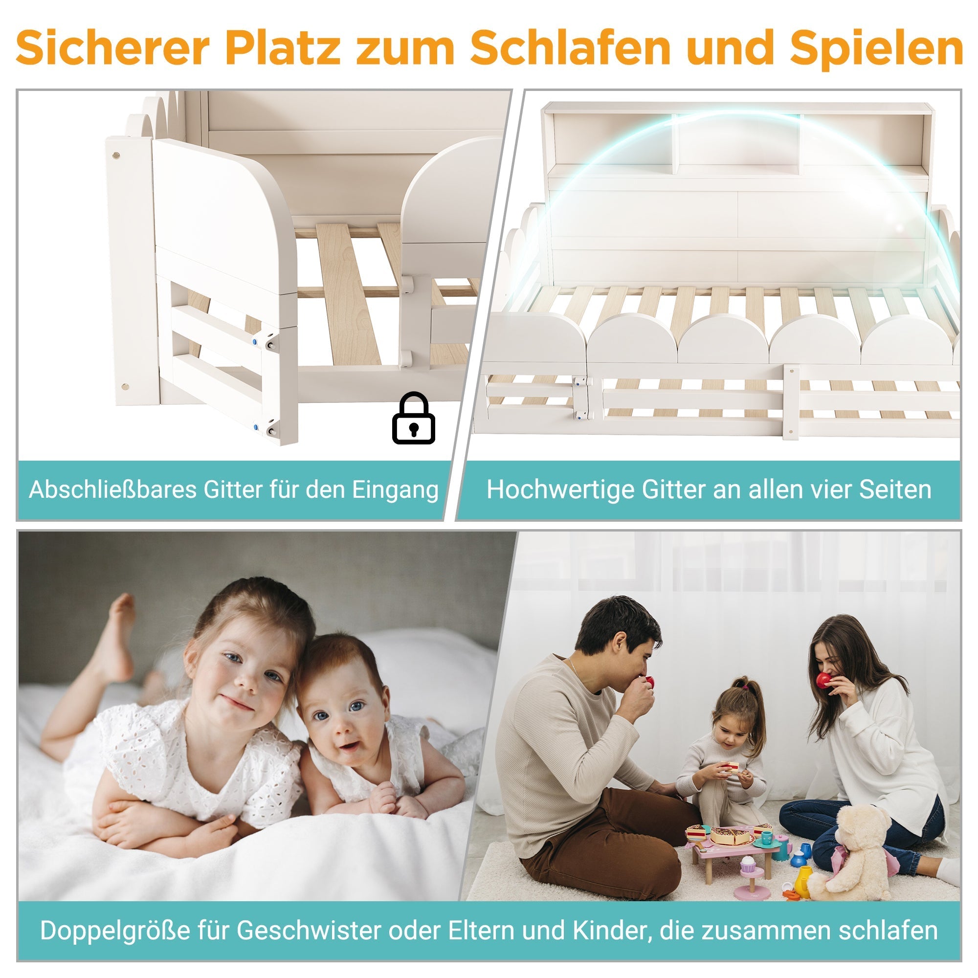 Children's Floor Bed with Fall Protection, Door, Slatted Base and Shelf, 140x200cm, White Wood
