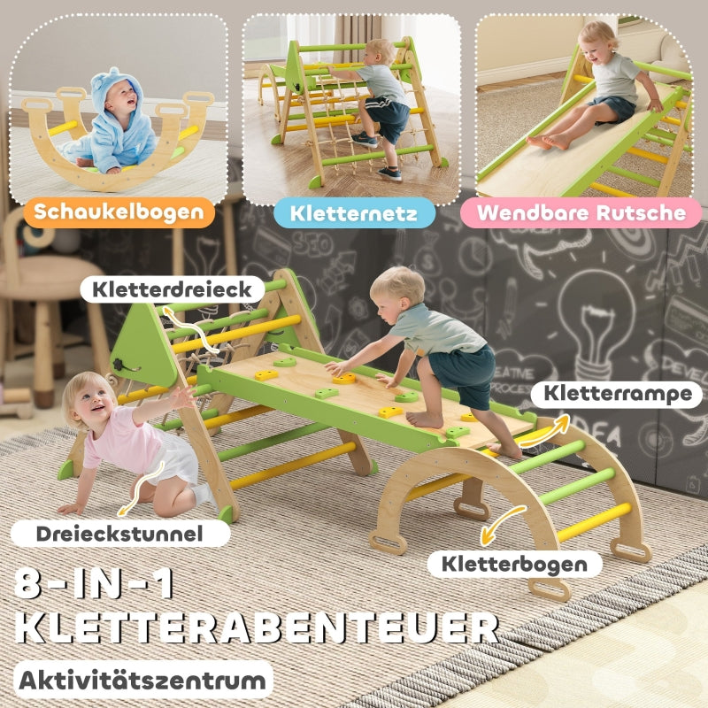 8-in-1 Montessori Climbing Frame Triangle Arch Slide - Wooden Green