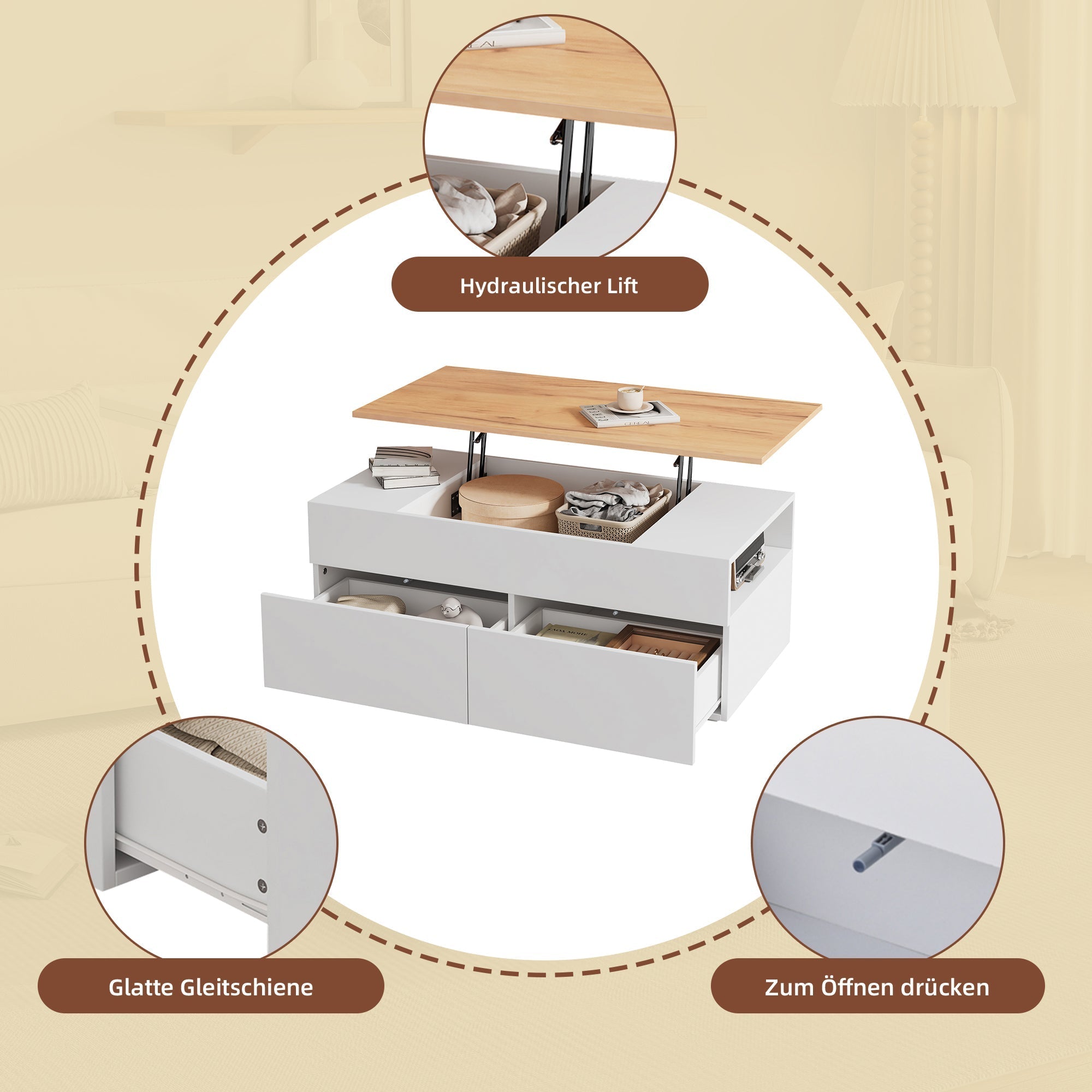 Coffee table height-adjustable with hidden storage, 2 drawers, white + wood color