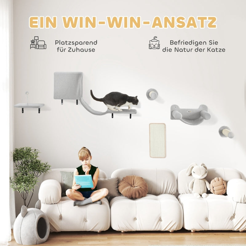 PwaHut Cat Climbing Wall Set with Cat House, Hammock, Scratching Post, Grey