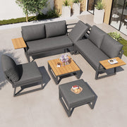 L-shaped Garden Sofa Set Weatherproof 7-Seater Corner Lounger Wooden Armrests Iron Grey/Beige