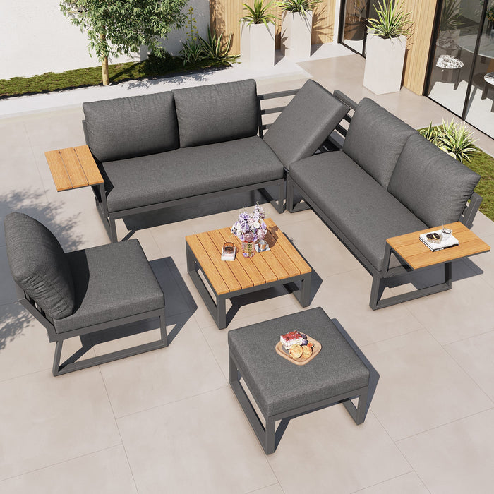 L-shaped Garden Sofa Set Weatherproof 7-Seater Corner Lounger Wooden Armrests Iron Grey/Beige