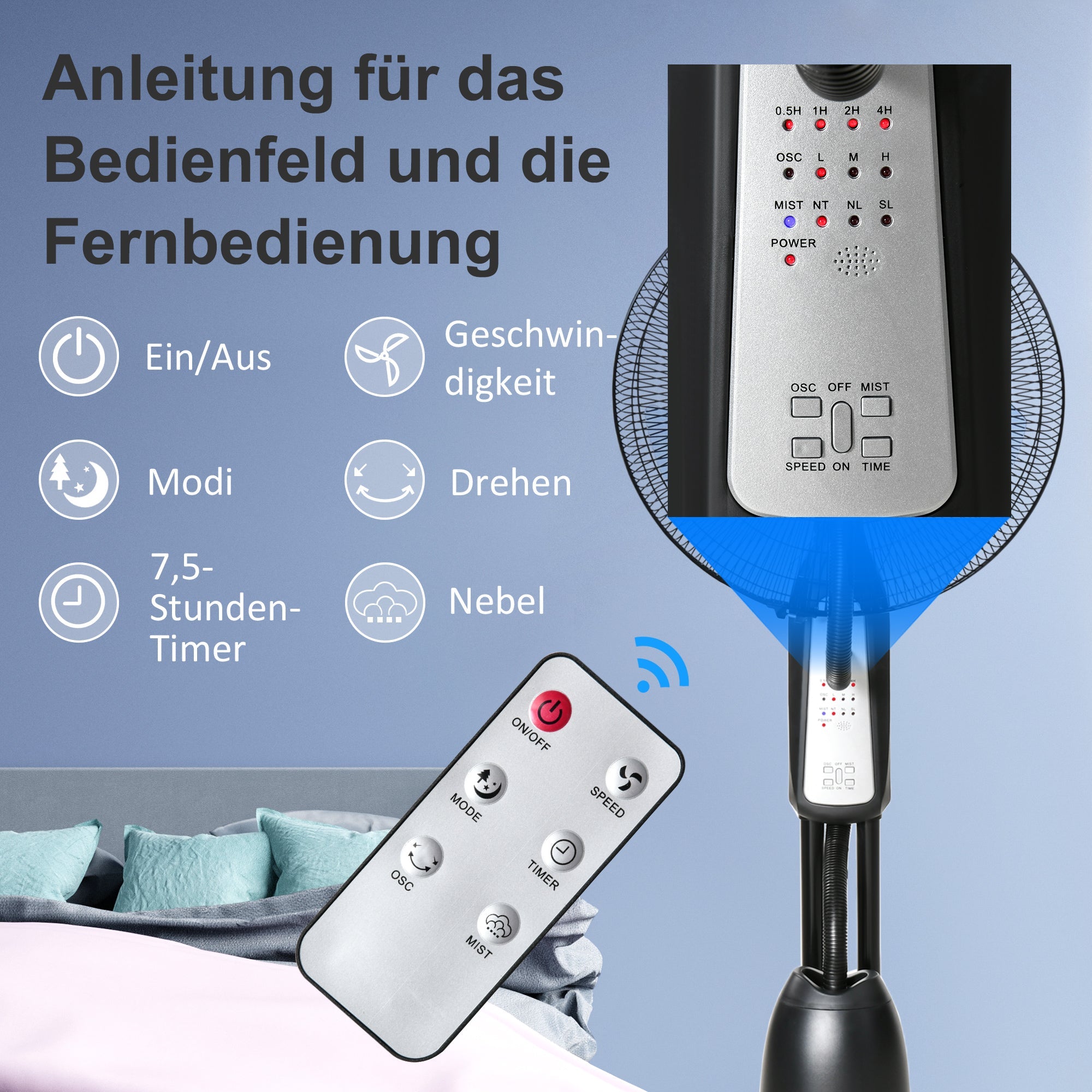 Pedestal Fan, 2.8L Water Atomizer Timer 3 Modes Mist Function Adjustable Tilt, Cooling