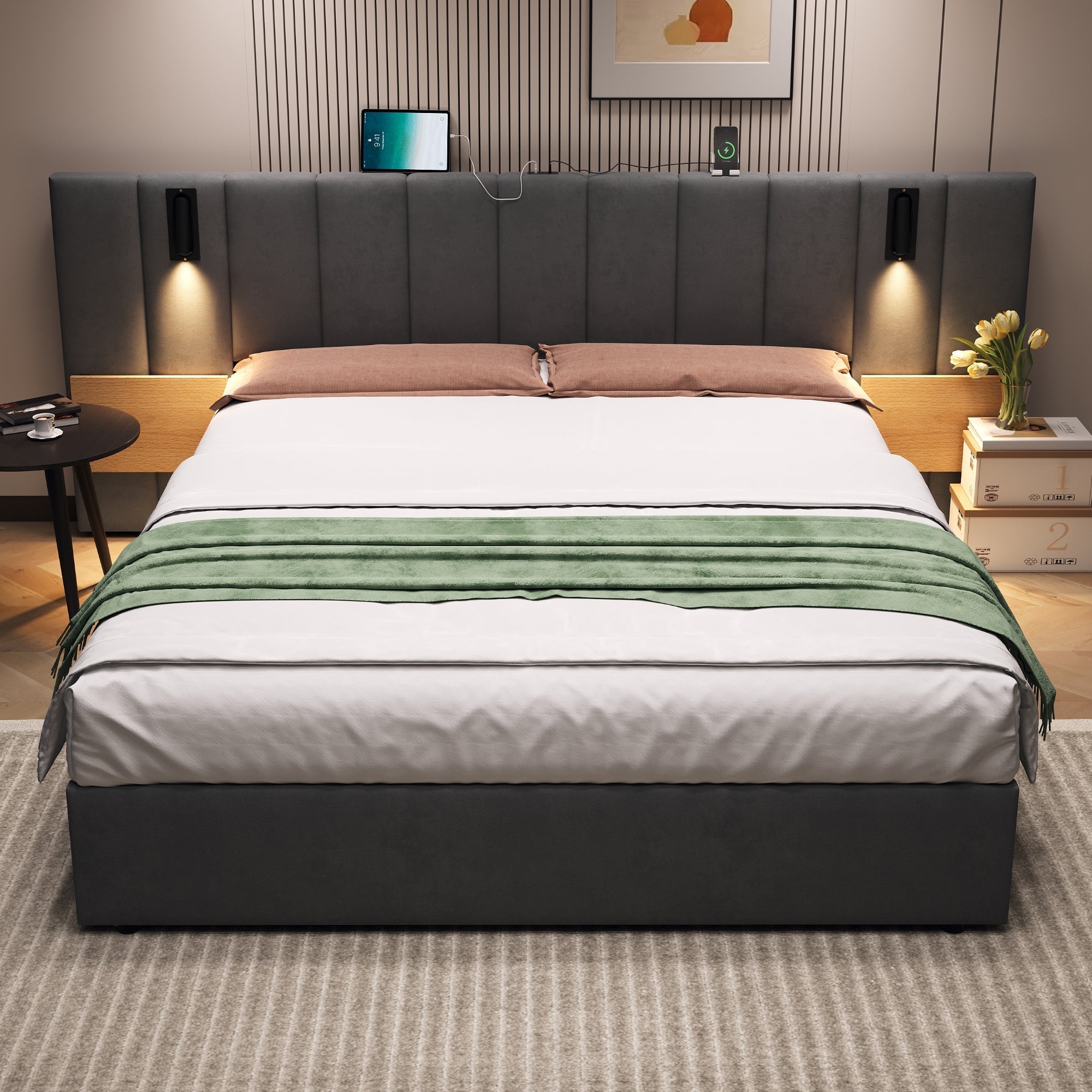 King Upholstered Bed with Charging Station, Hydraulic Storage, Reading Light, Grey Velvet