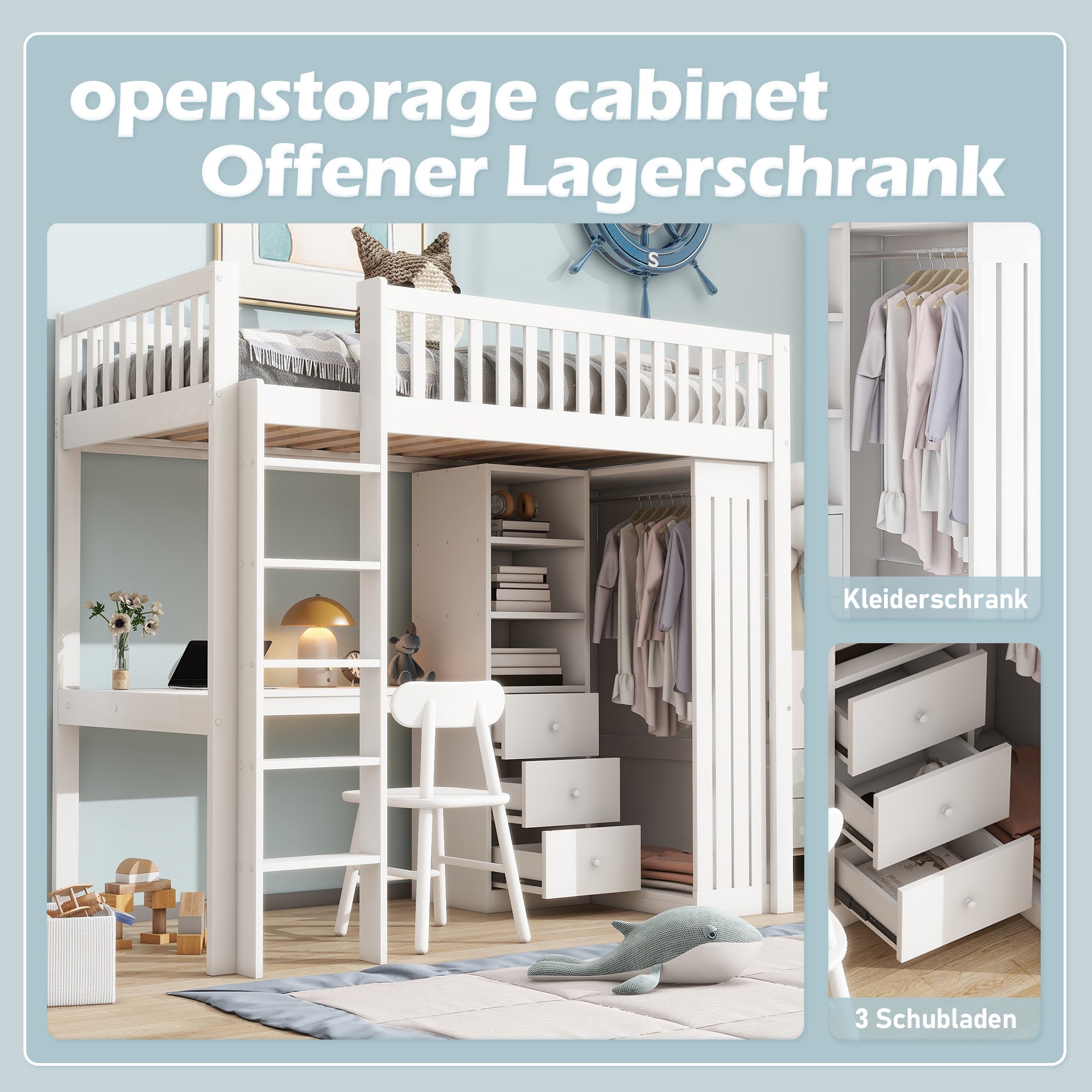 Loft Bed 90x200cm Desk Wardrobe 3 Drawers Stairs - White