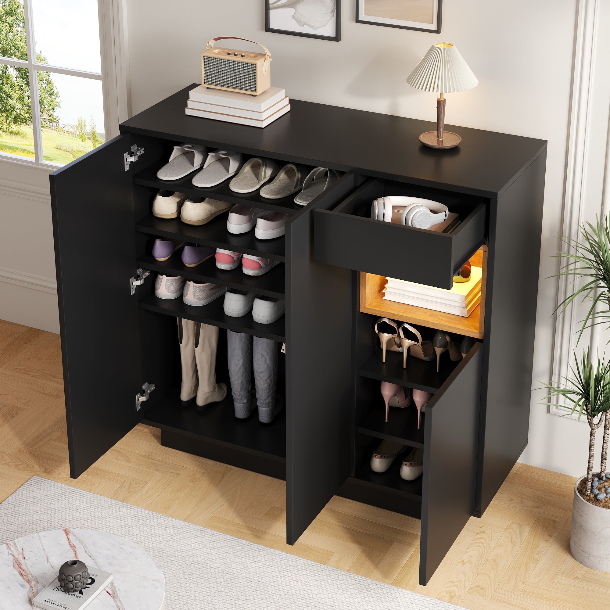 Shoe Cabinet, Adjustable Shelves, Black and Wood