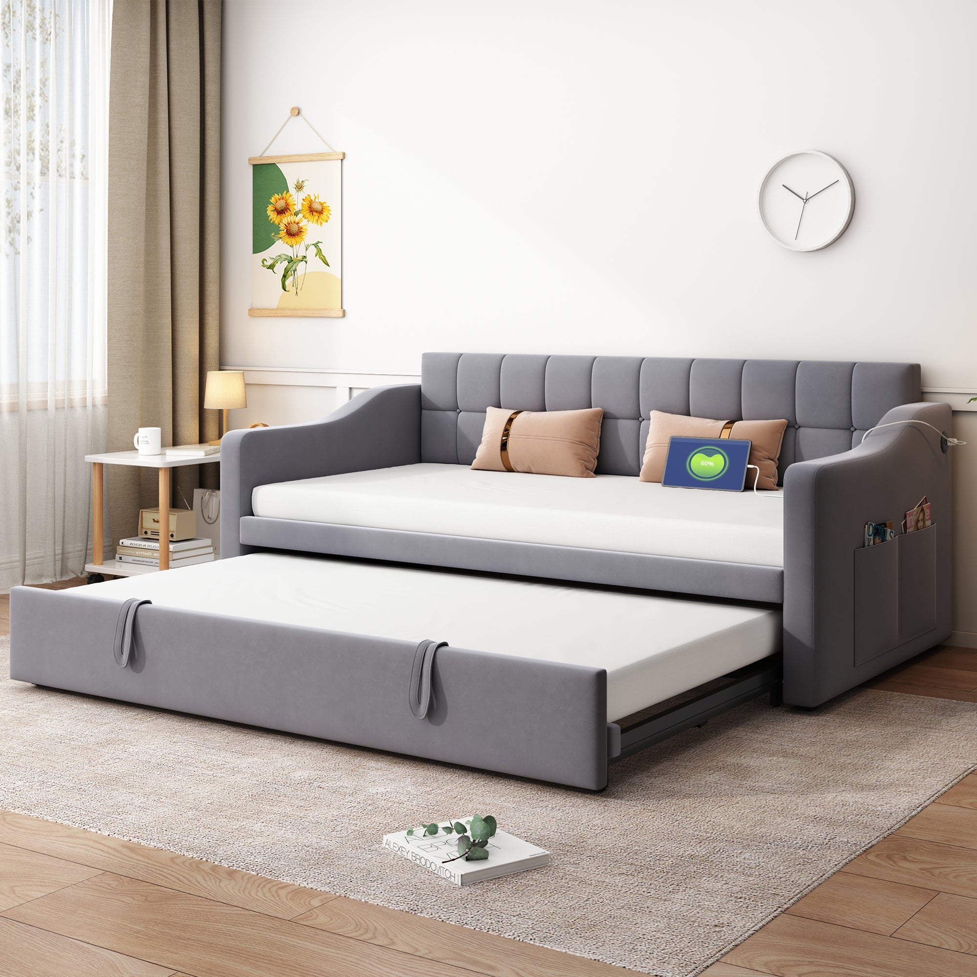 Upholstered Bed Sofa, 2-in-1 Multifunctional with Socket & Storage, Gray Velvet