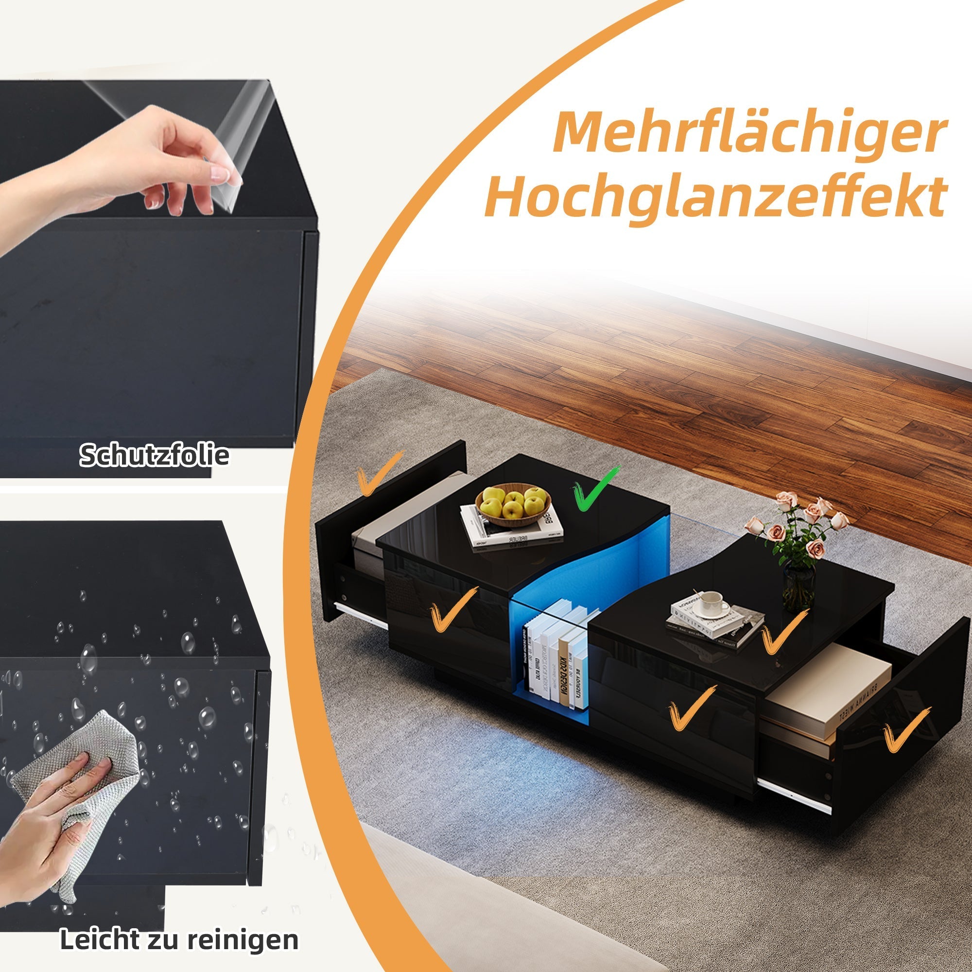 Led Coffee Table with 2 Drawer Storage, Black