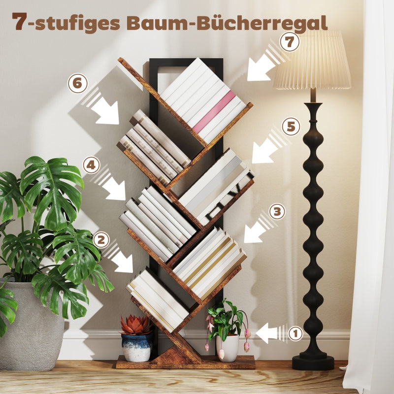 Bookshelf Standing Shelf 7 Levels Narrow Tree Shape Office Rustic Brown