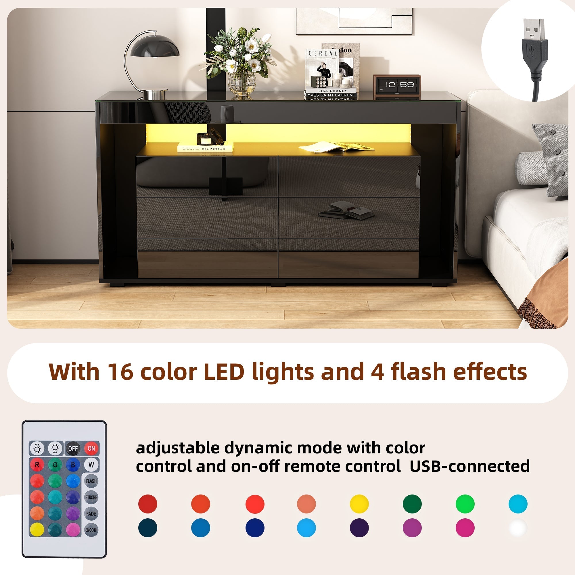 Sideboard, 6-Drawer LED High-Gloss with Tempered Glass Top, Black