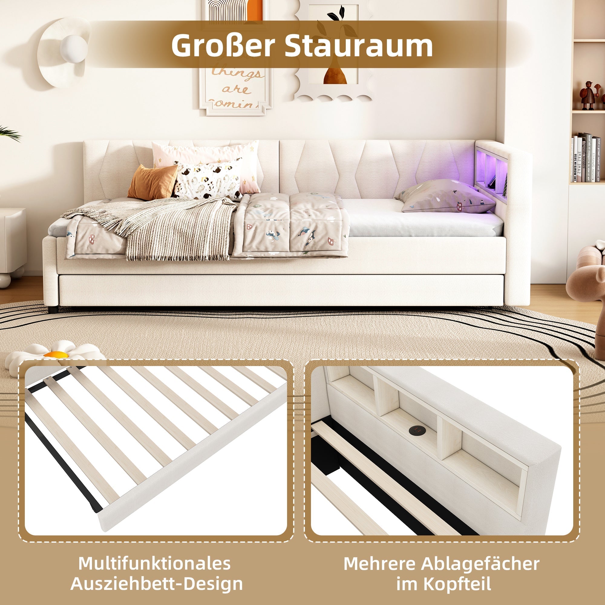 Daybed Sofa Bed 90x200cm Pull-out Bed Storage LED USB/Type-C - Linen Beige