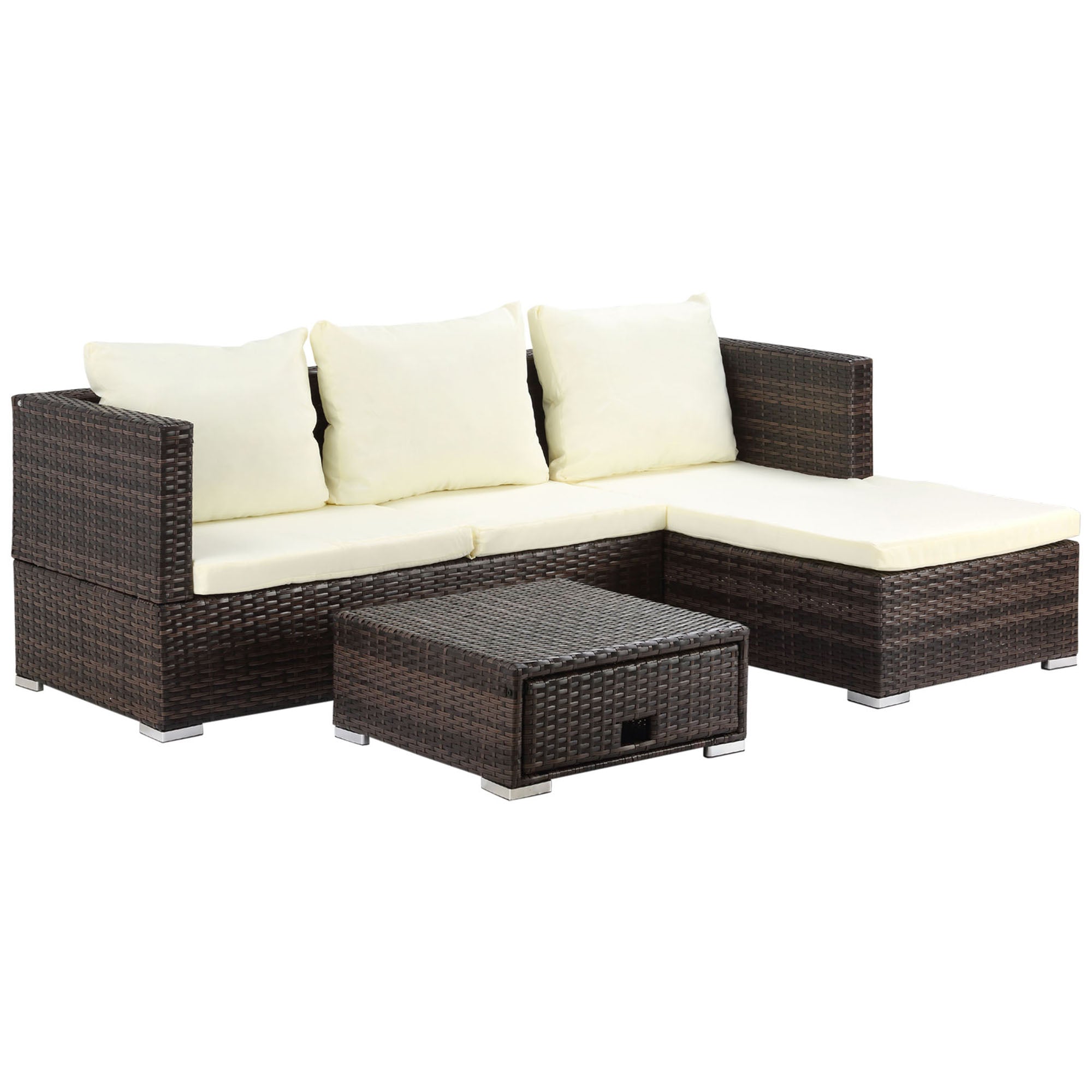 3 Pieces Garden Sofa Set, 4 Seater Corner Sofa with Reclining Sun Lounger & Storage Table, Brown Rattan