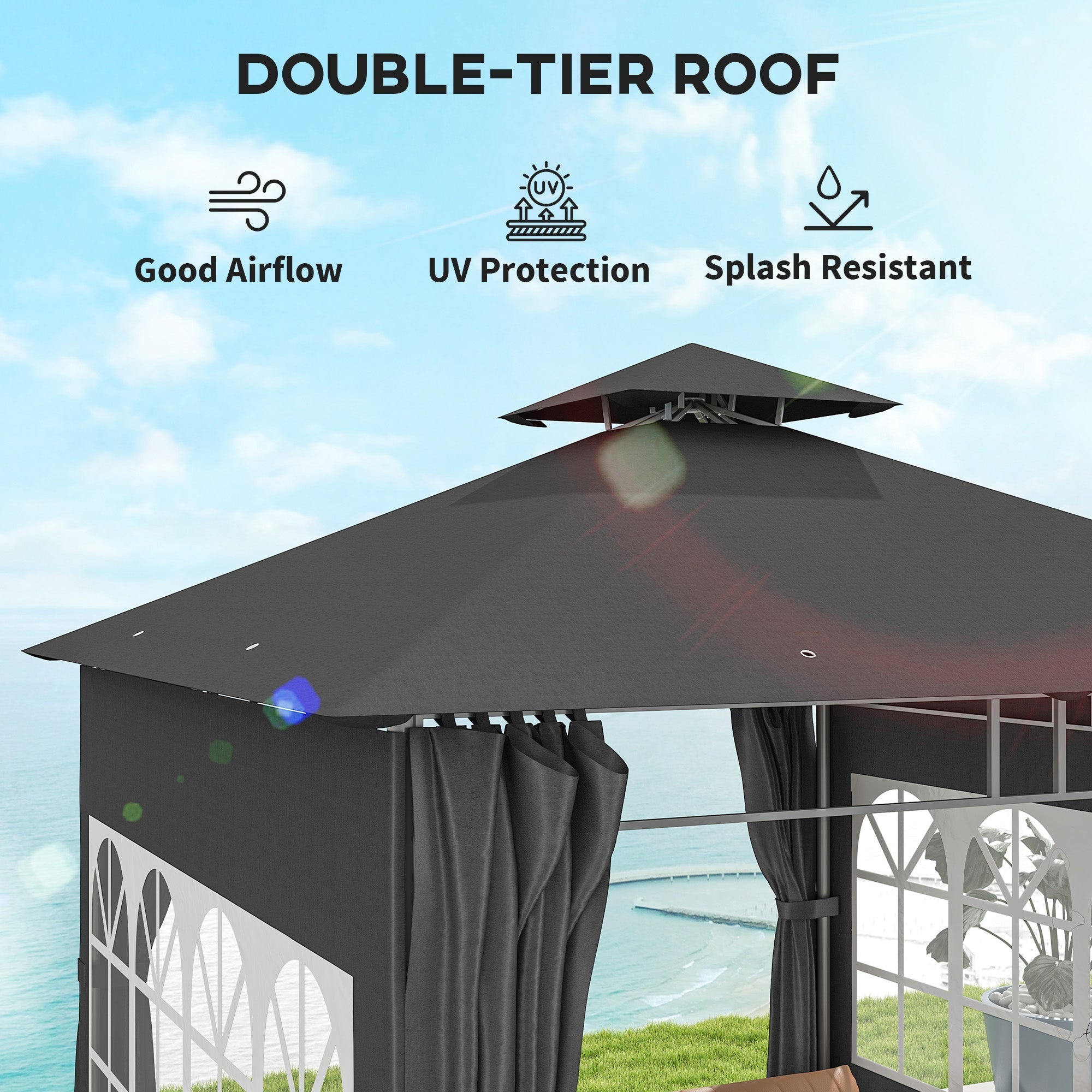 3 x 3 m Gartenpavillon, Doppelter Dachbezug mit abnehmbaren Seitenteilen und Kirchenfenstern, Dunkelgrau
