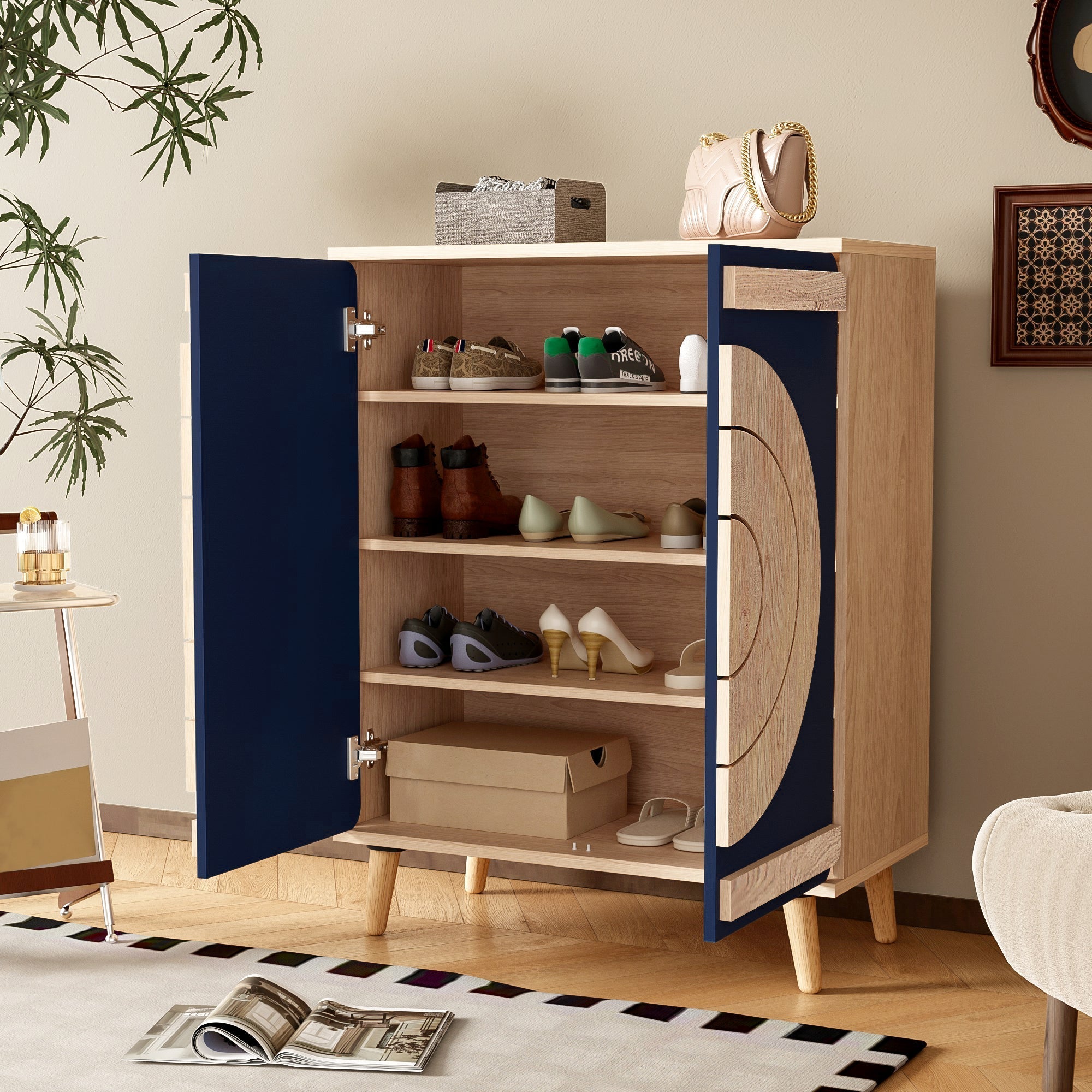 Modern Shoe Cabinet with Geometric Doors and Multi-Level Storage, Blue and Natural