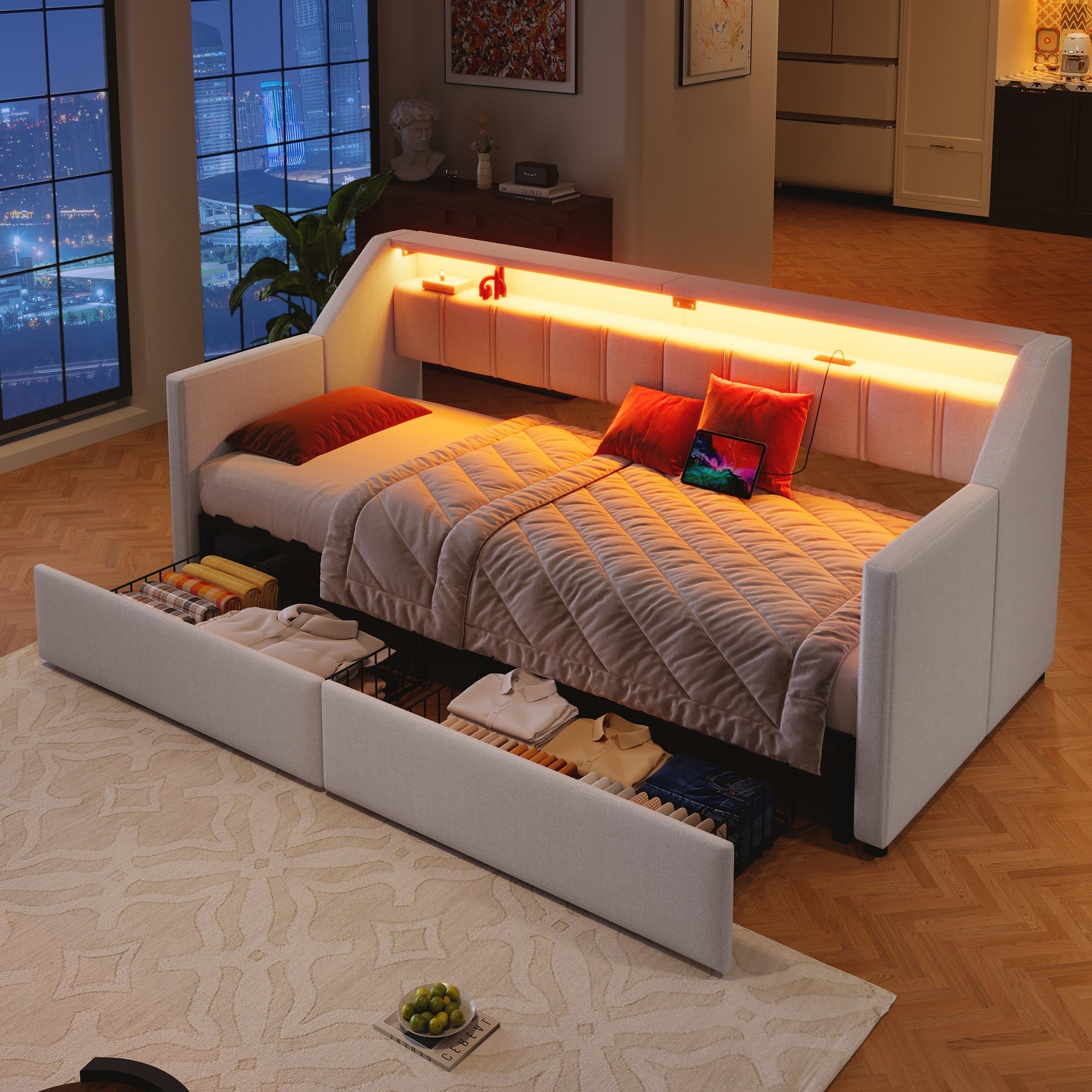Daybed Sofa Bed 90x200cm Pull-out Bed LED USB/Type-C 2 Drawers Storage - Beige