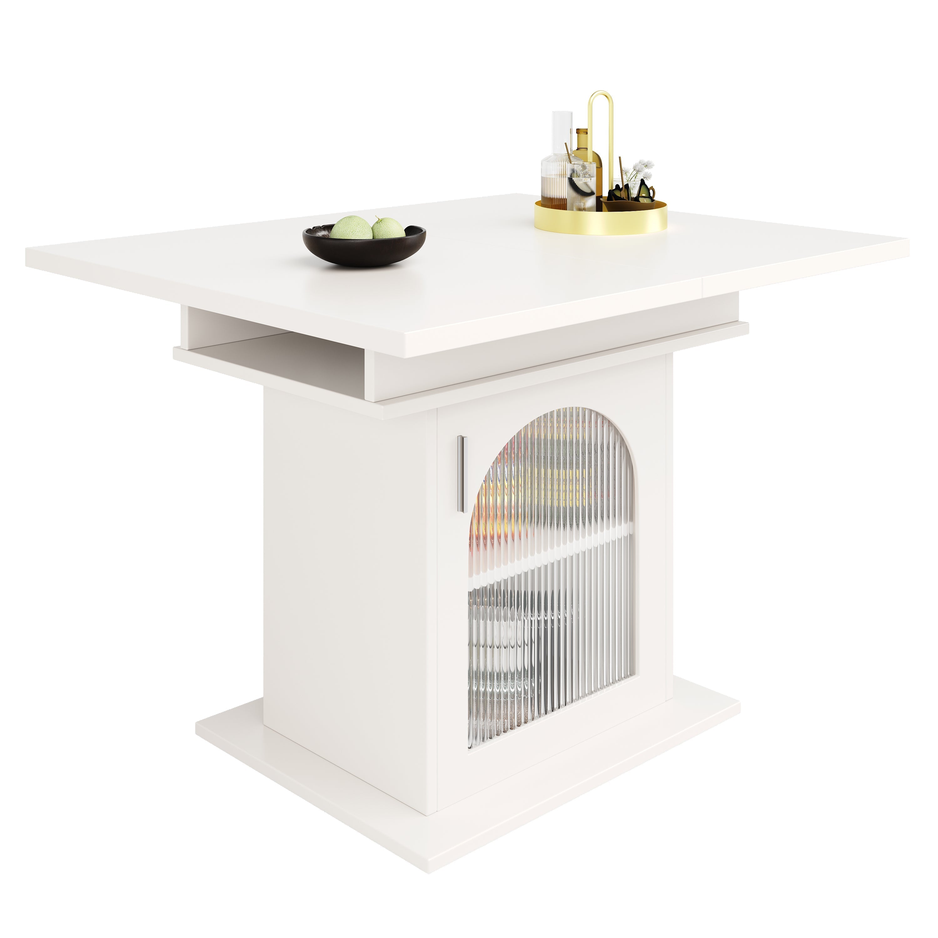 Dining Table, Telescopic Extendable with Storage Levels, White