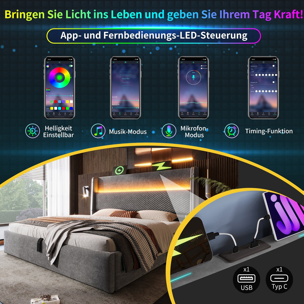 Hydraulic Double Bed, 140x200cm High Headboard LED Storage USB/Type-C, Linen Look Grey