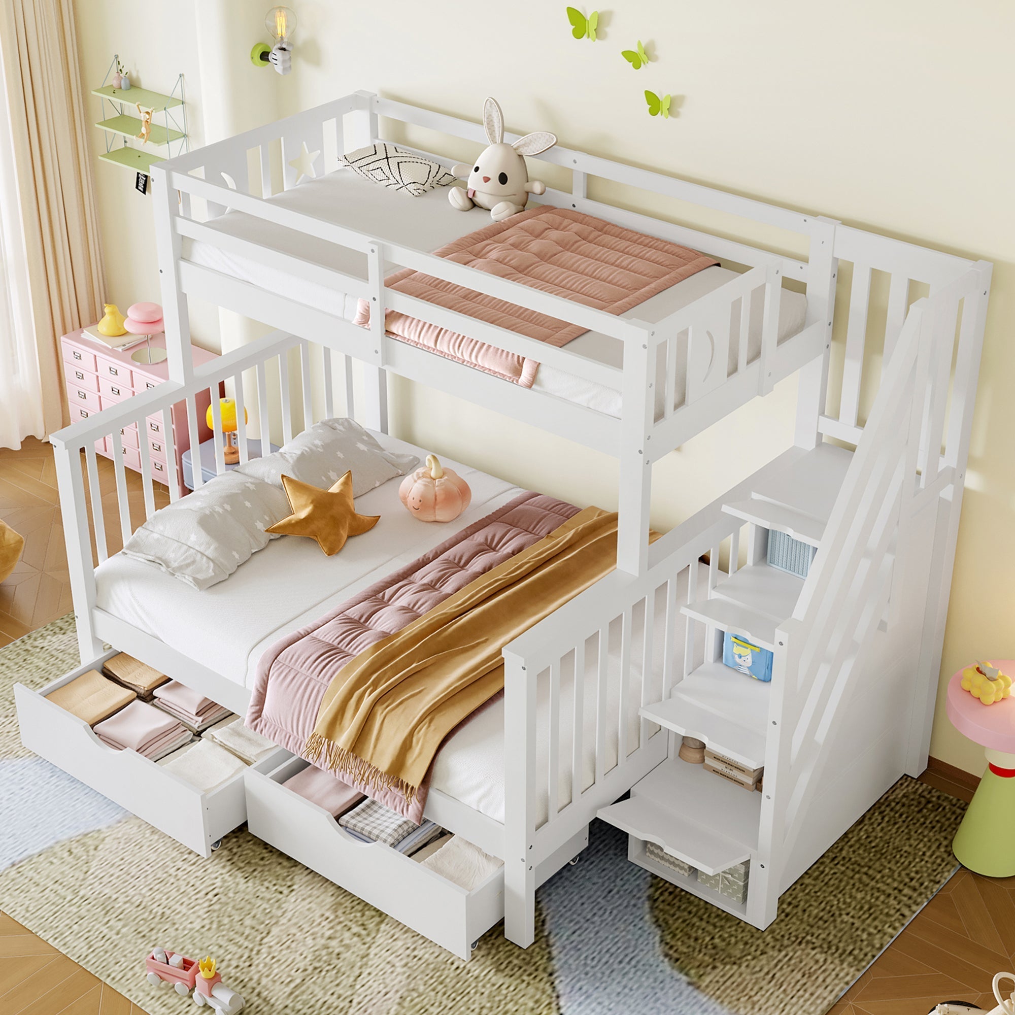 Bunk Beds for Kids, Double High Sleeper Frame with Storage & Guardrail, White