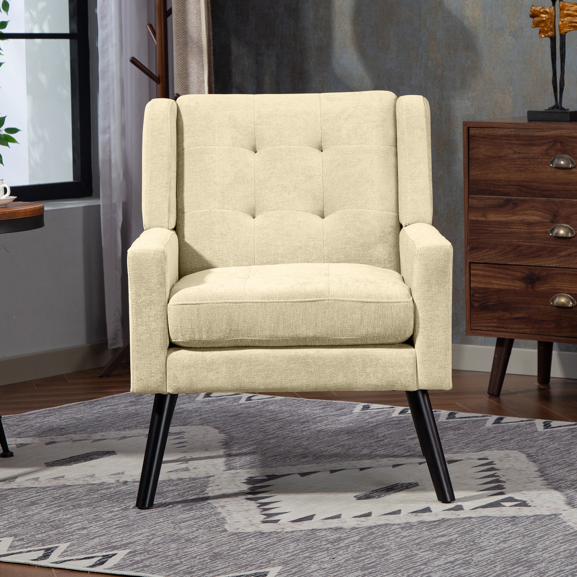 Armchair Mid-Century Modern Buttoned Suede Solid Wood Legs