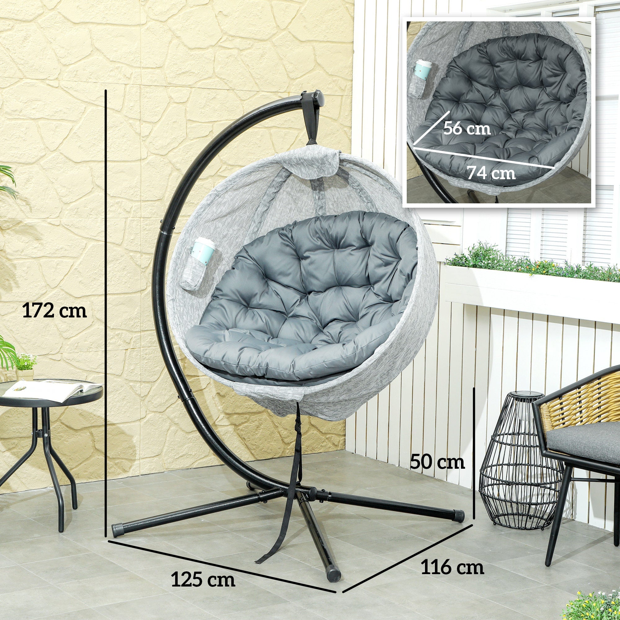 Hanging Egg Chair with Stand, Folding Basket & Cup Holder, Grey