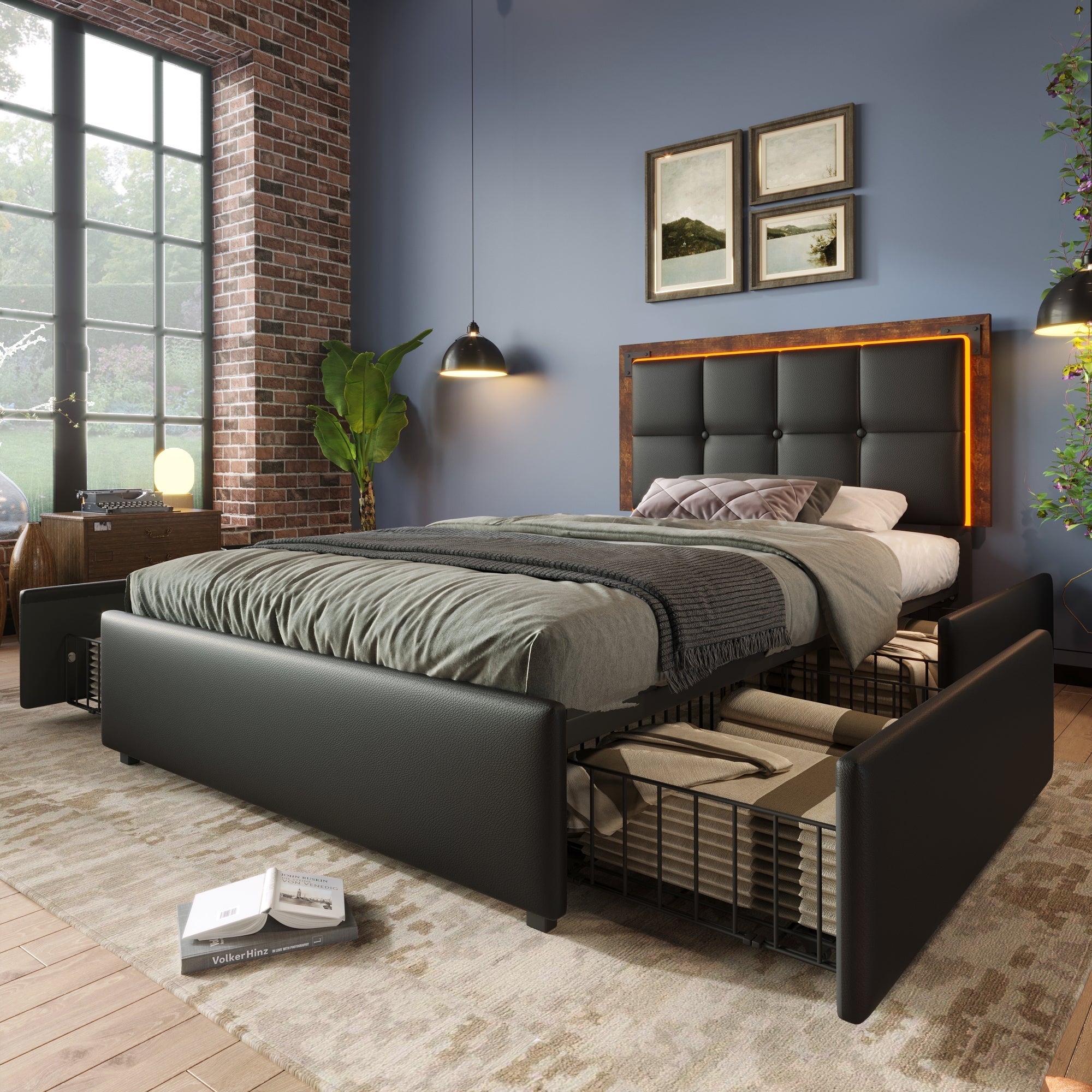 Bed Frame, LED, 4 Drawers, Adjustable Headboard, Single 90x200cm, PU Black