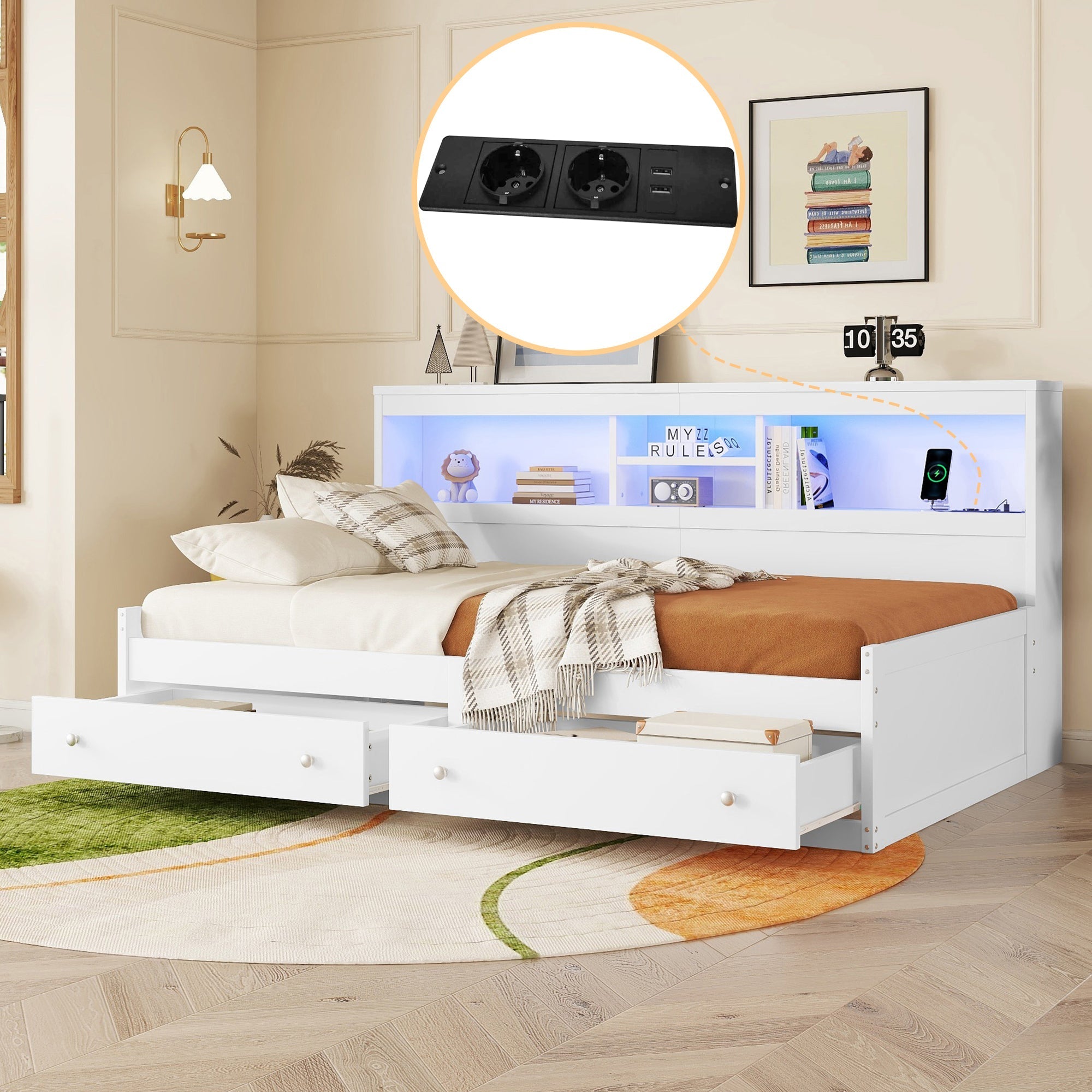 Daybed Sofa Bed 90x200cm Storage Drawers LED USB Charging - White Chipboard