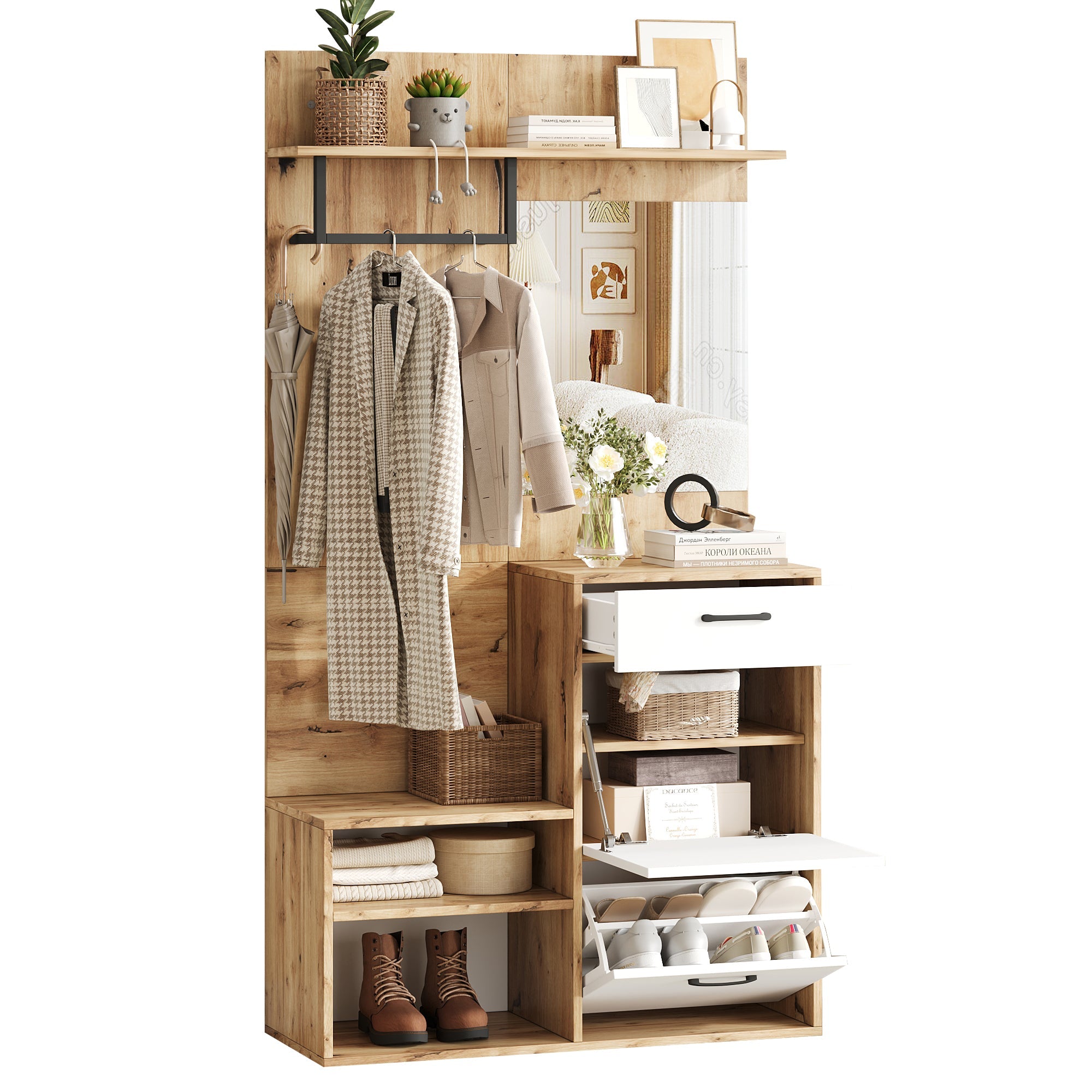 Wardrobe Set, Mirror, Shoe Bench, 1 Drawer, 2 Cabinets, White Wood