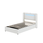 Upholstered Bed with LED Lights, Bluetooth Player, USB Ports and Hydraulic Storage, White PU Leather