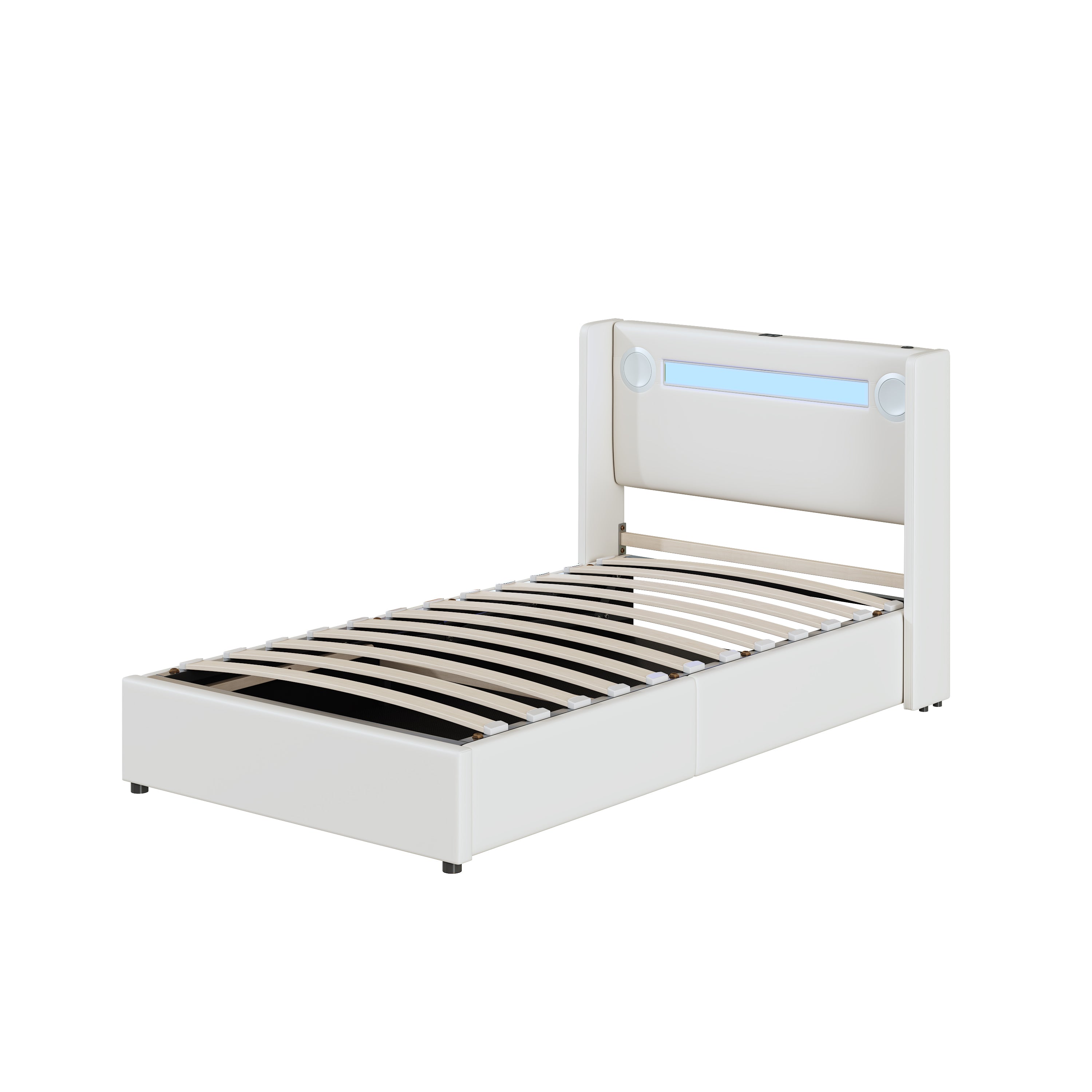 Upholstered Bed with LED Lights, Bluetooth Player, USB Ports and Hydraulic Storage, White PU Leather
