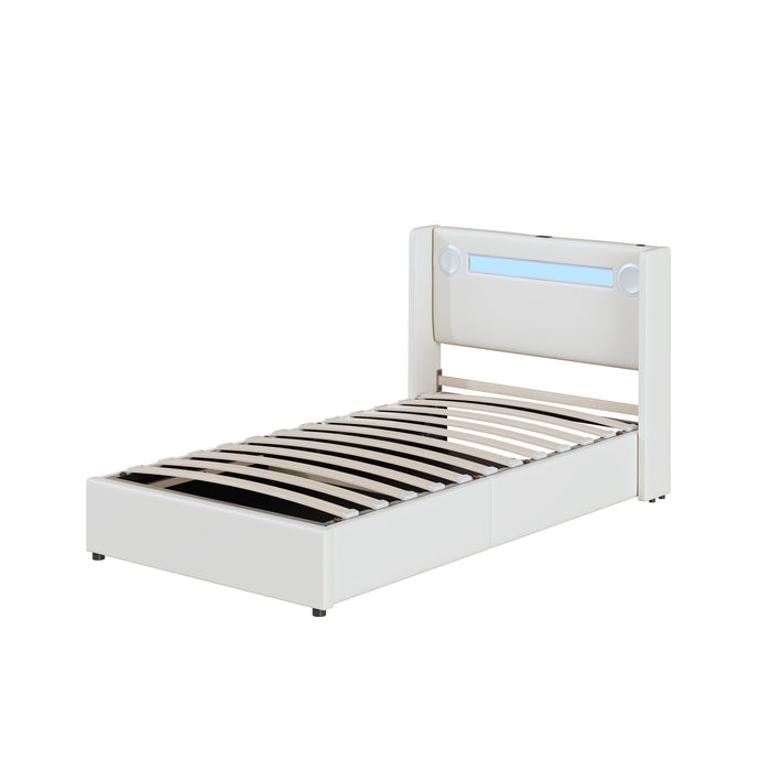 Upholstered Bed with LED Lights, Bluetooth Player, USB Ports and Hydraulic Storage, White PU Leather