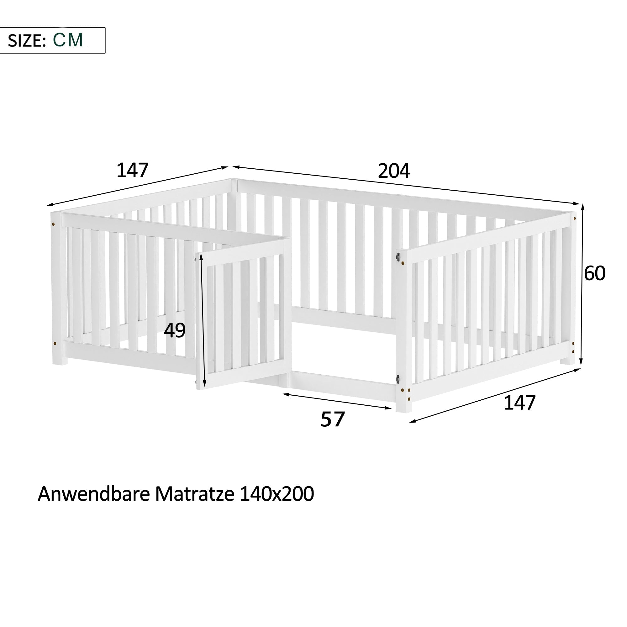 Children's bed 140 x 200, wooden floor bed frame with fence and door, white