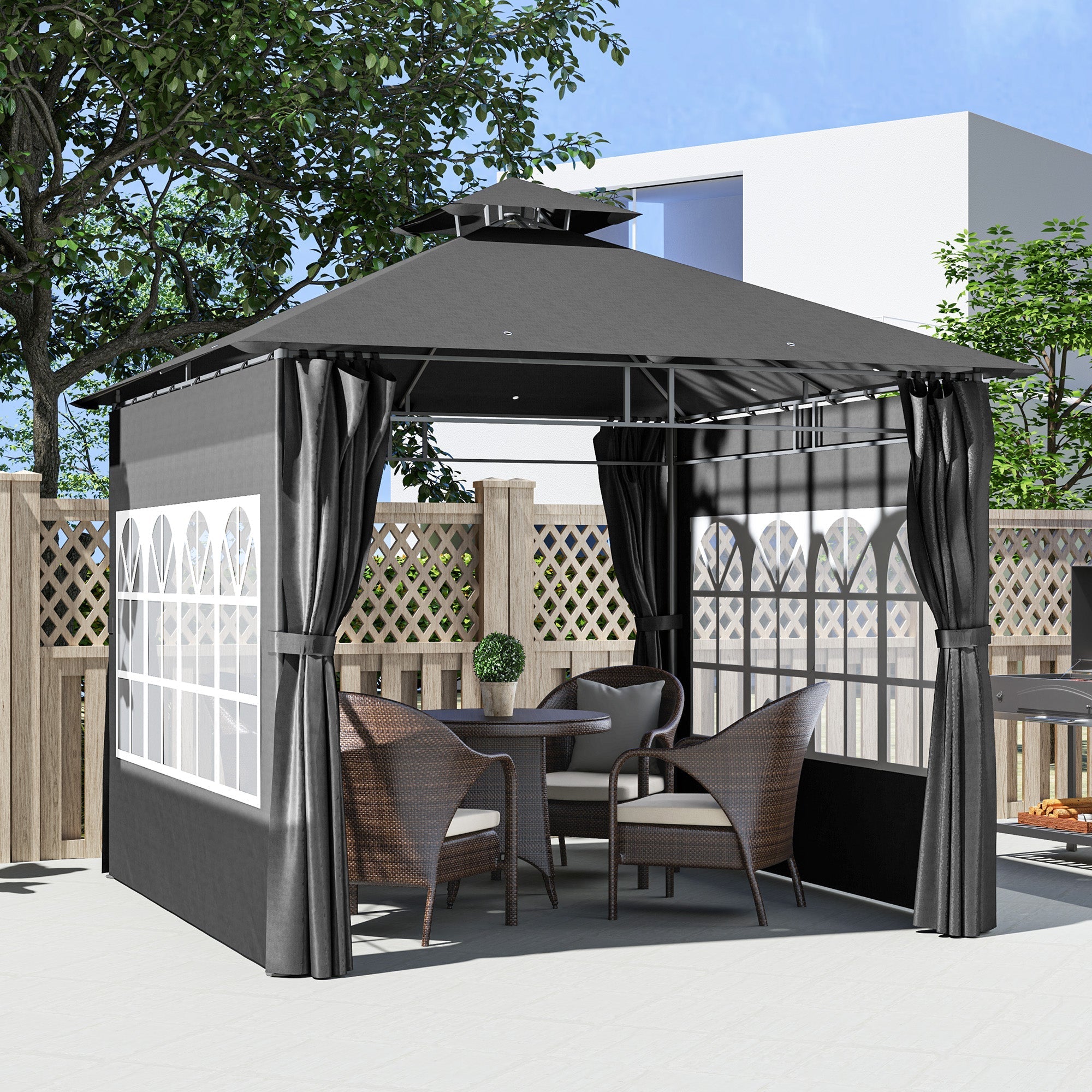3 x 3 m Gartenpavillon, Doppelter Dachbezug mit abnehmbaren Seitenteilen und Kirchenfenstern, Dunkelgrau